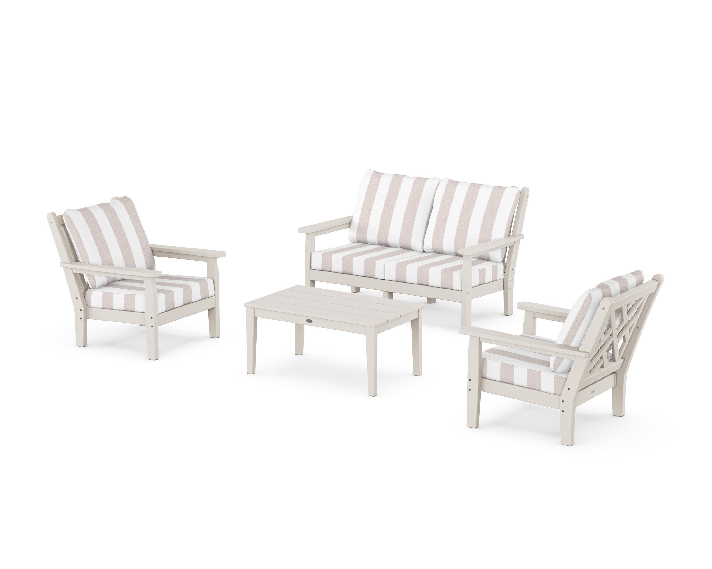Chippendale 4-Piece Deep Seating Set with Loveseat in Sand / Cabana Stripe Dune Burlap