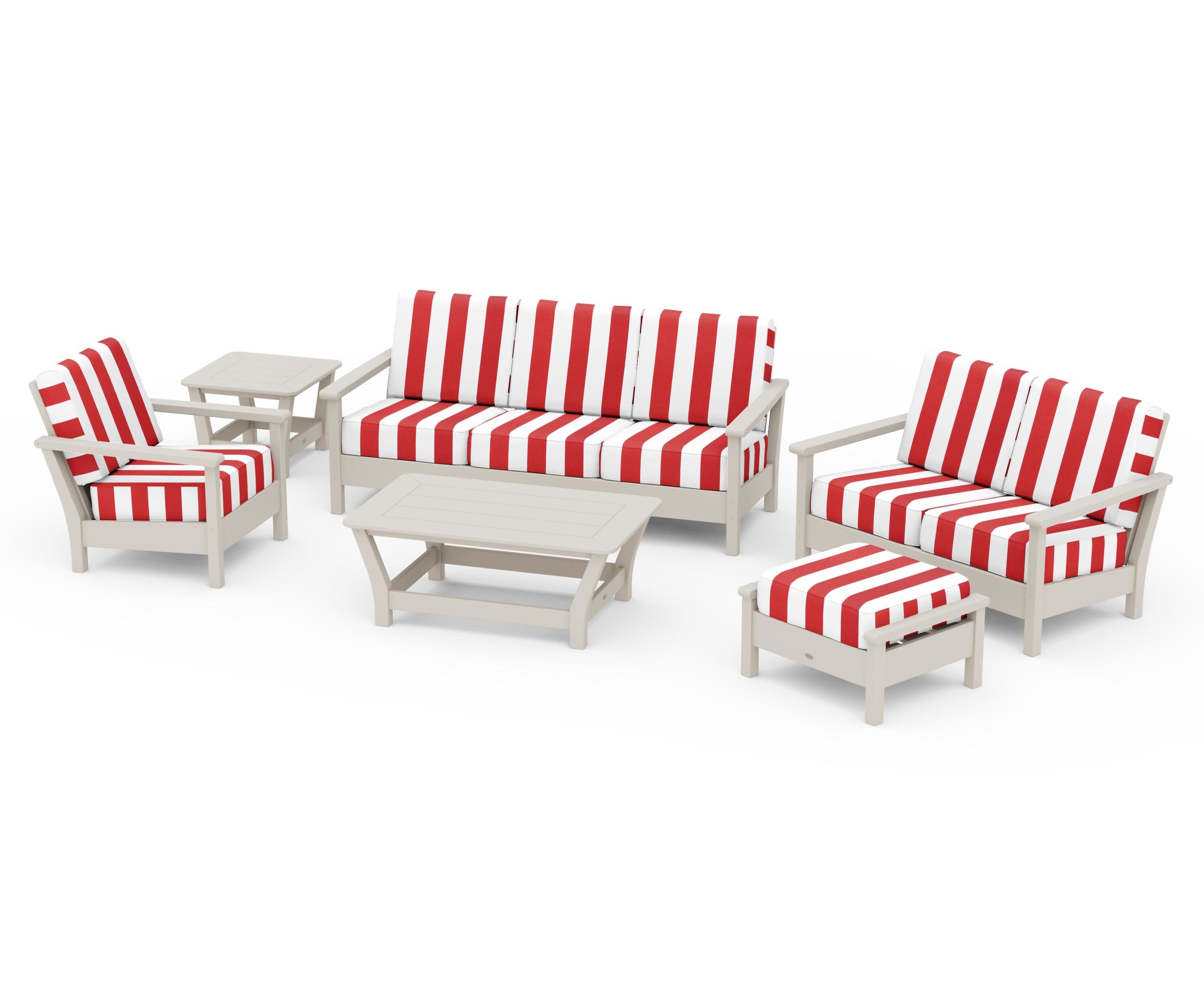 Harbour 6-Piece Outdoor Living Set in Sand / Cabana Stripe Crimson