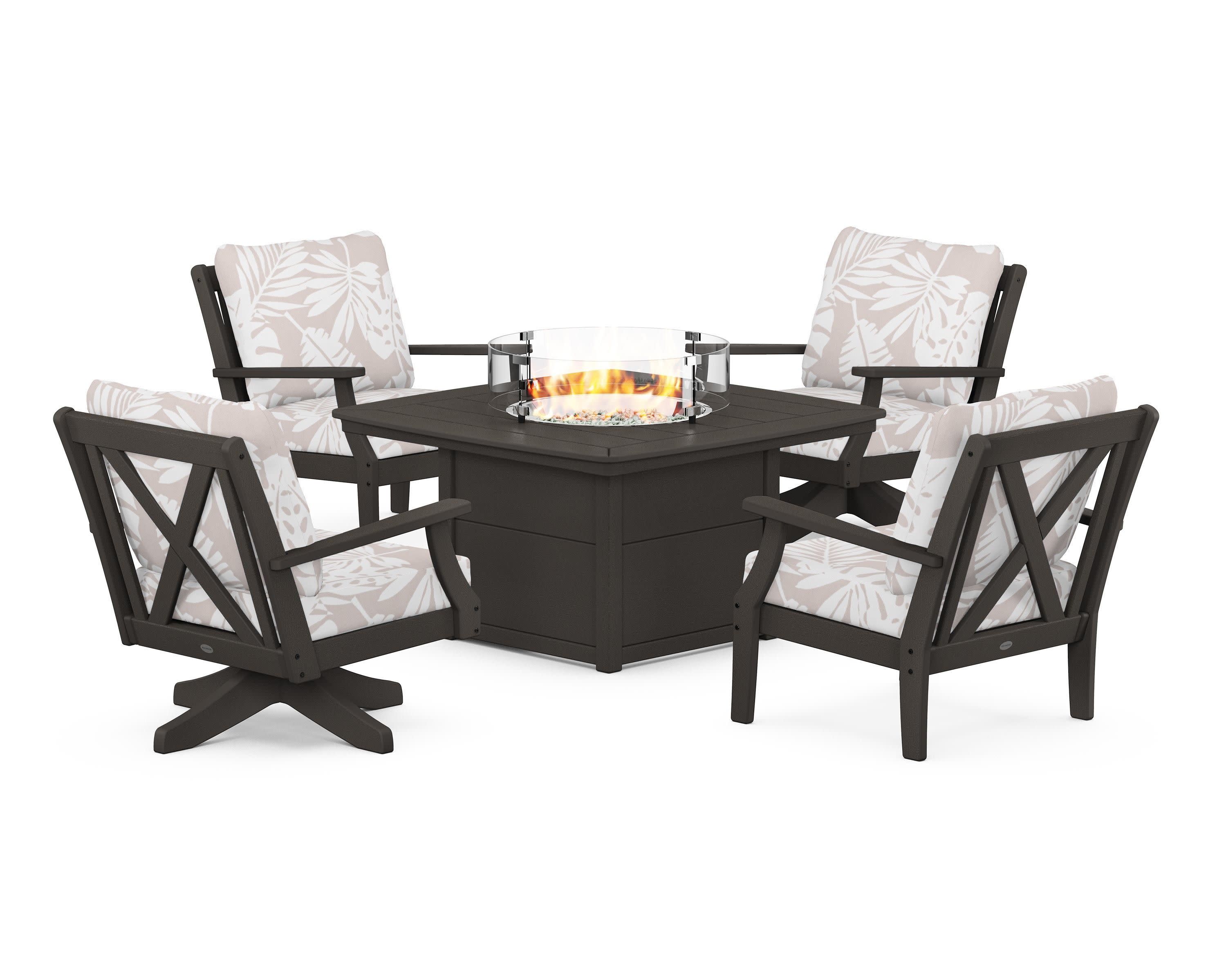 Braxton 5-Piece Deep Seating Set with Fire Table in Vintage Coffee / Leaf Dune Burlap