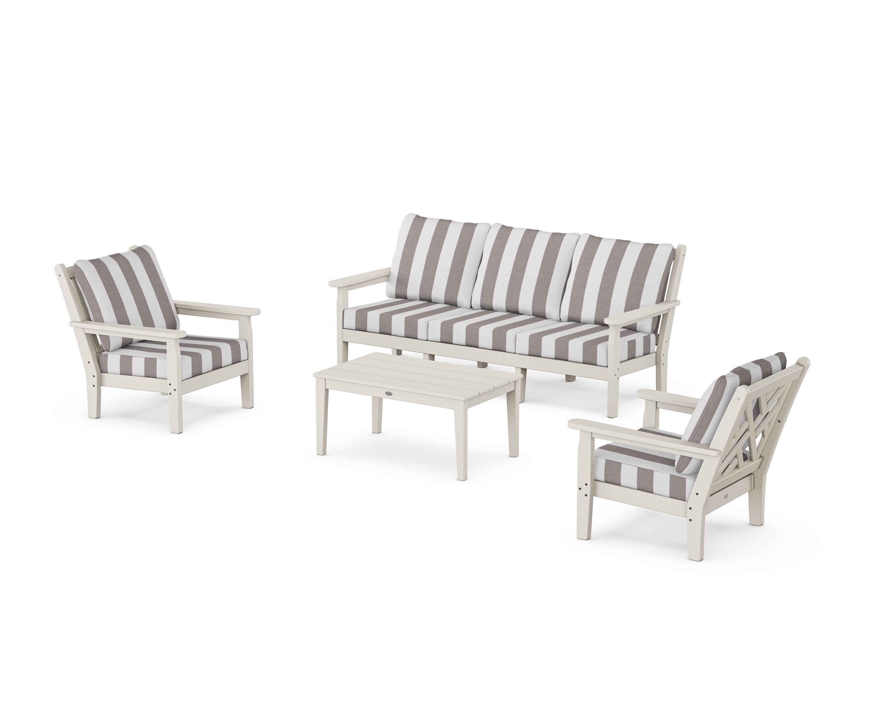 Chippendale 4-Piece Deep Seating Set with Sofa in Sand / Cabana Stripe Grey Mist