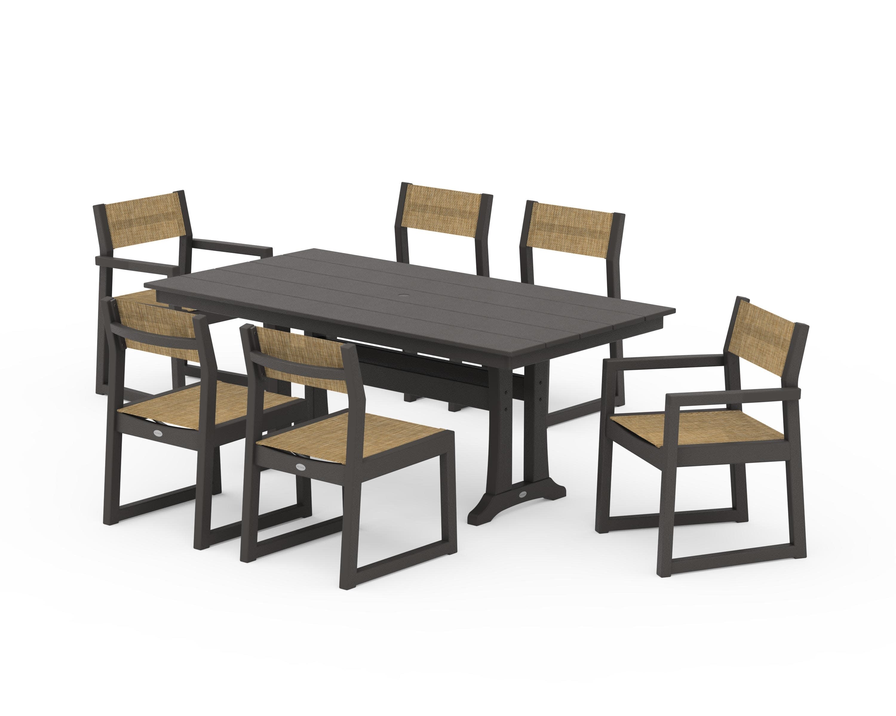 EDGE Sling 7-Piece Farmhouse Trestle Dining Set in Vintage Coffee / Burlap Sling