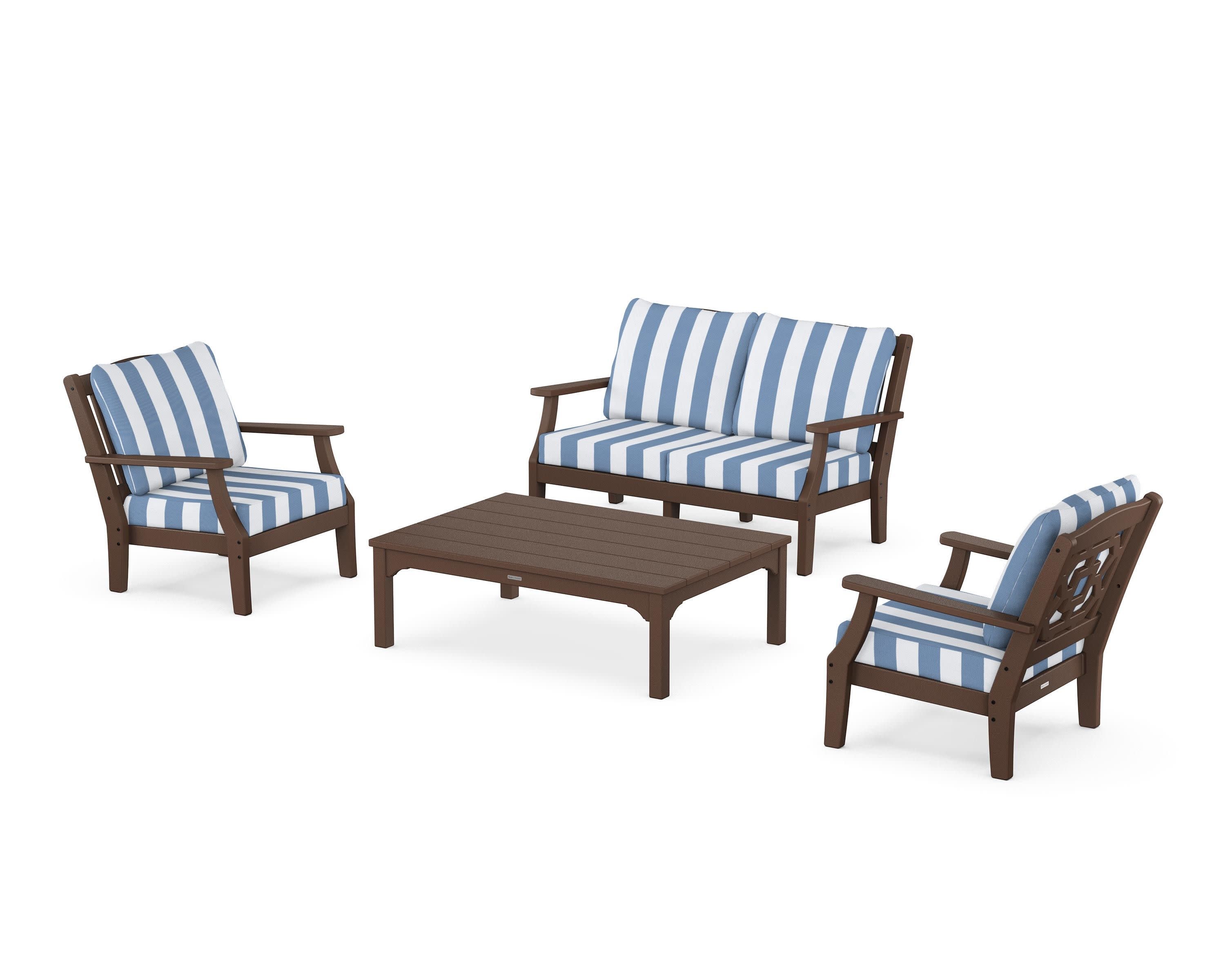 Chinoiserie 4-Piece Deep Seating Set with Loveseat in Mahogany / Cabana Stripe Sky Blue