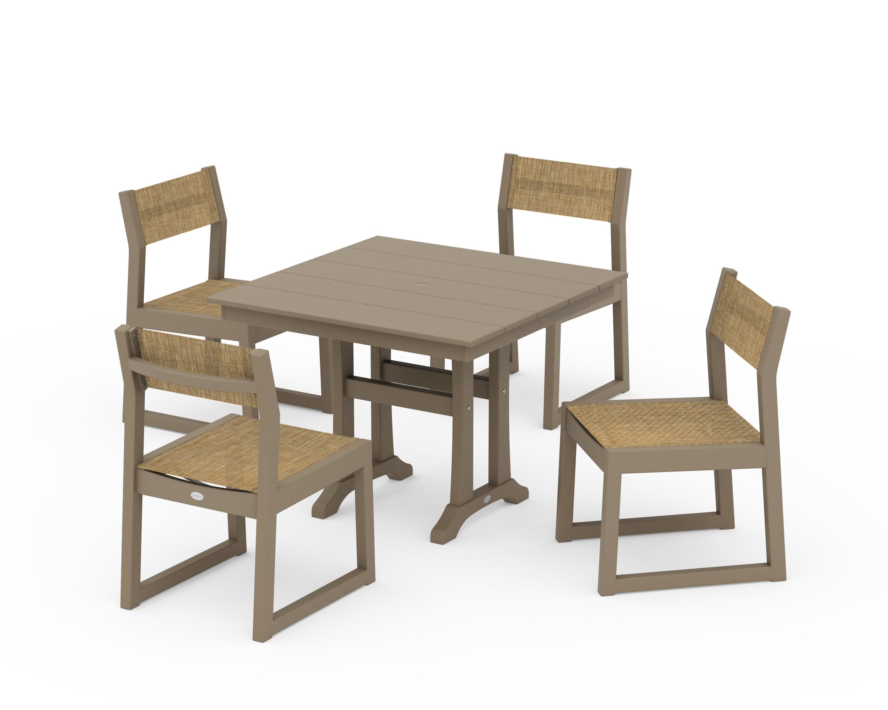 EDGE Sling 5-Piece Farmhouse Trestle Side Chair Dining Set in Vintage Sahara / Burlap Sling