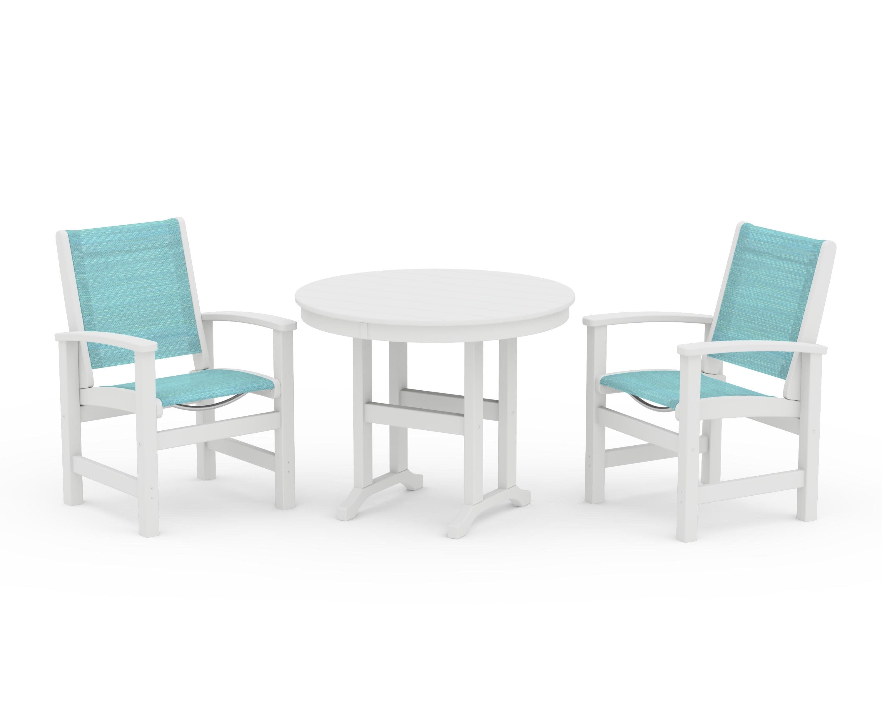 Coastal 3-Piece Round Dining Set in White / Dupioni Aquamarine Sling