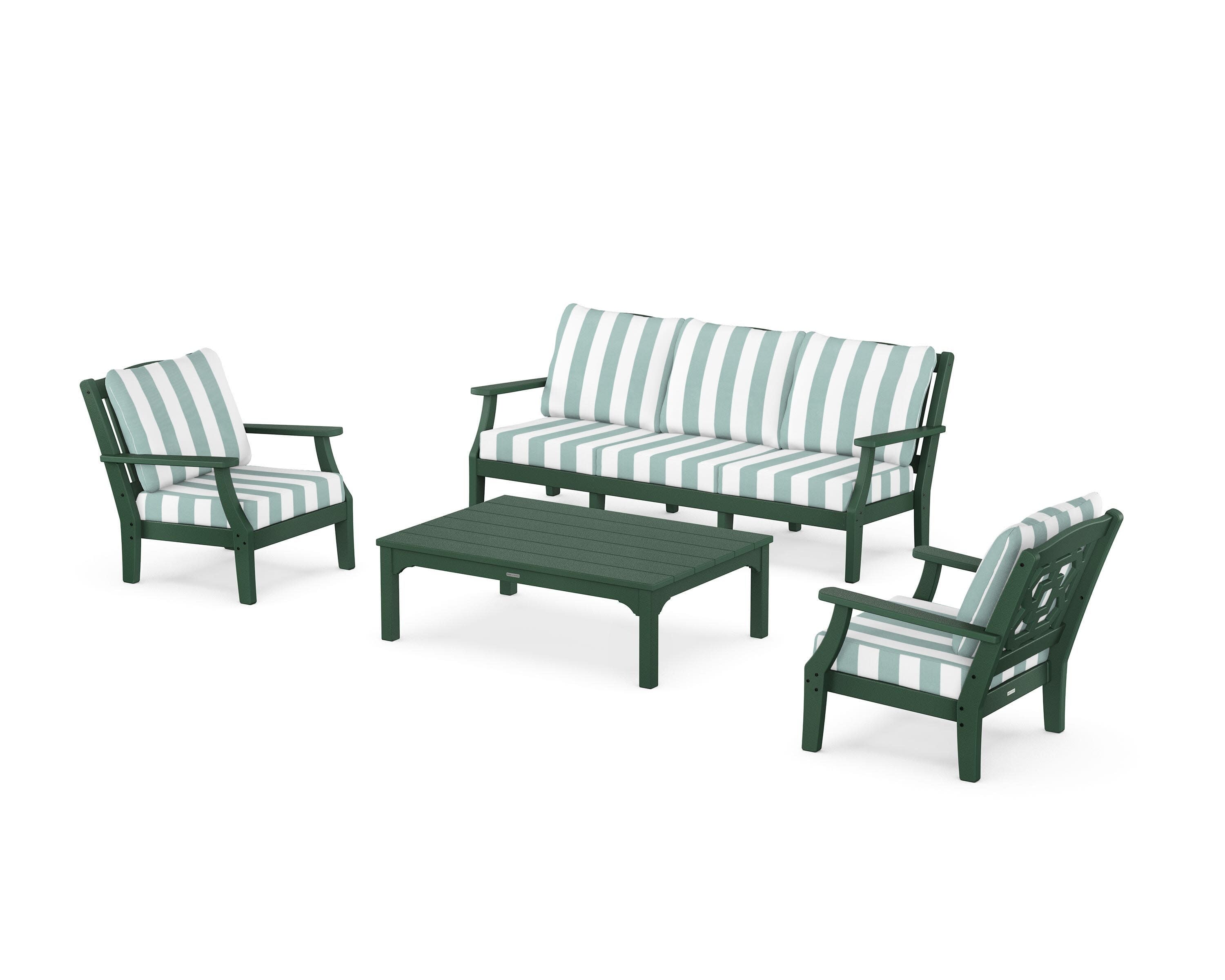 Chinoiserie 4-Piece Deep Seating Set with Sofa in Green / Cabana Stripe Glacier Spa