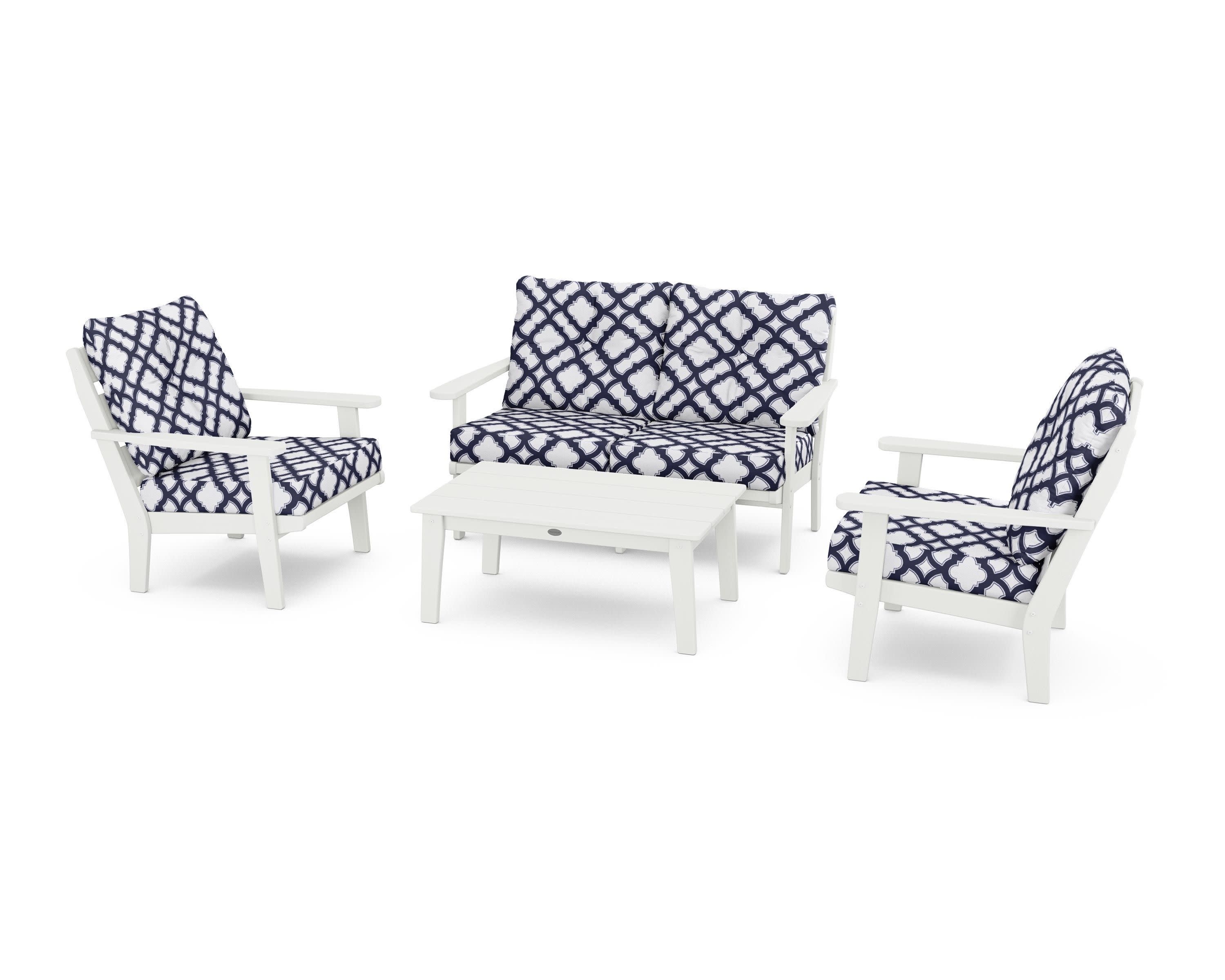 Lakeside 4-Piece Deep Seating Set in Vintage White / Trellis Navy