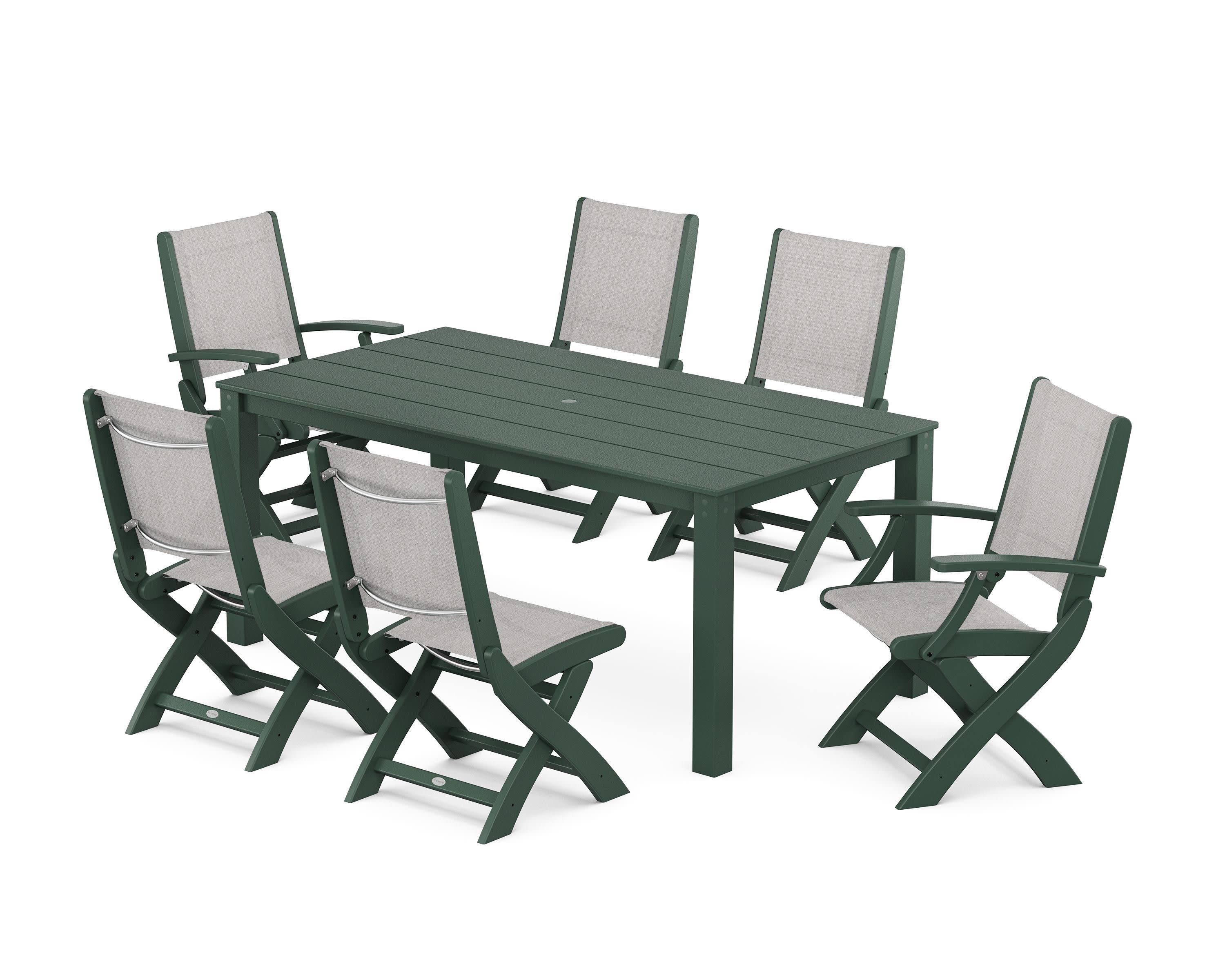 Coastal Folding Chair 7-Piece Parsons Dining Set in Green / Parchment Sling