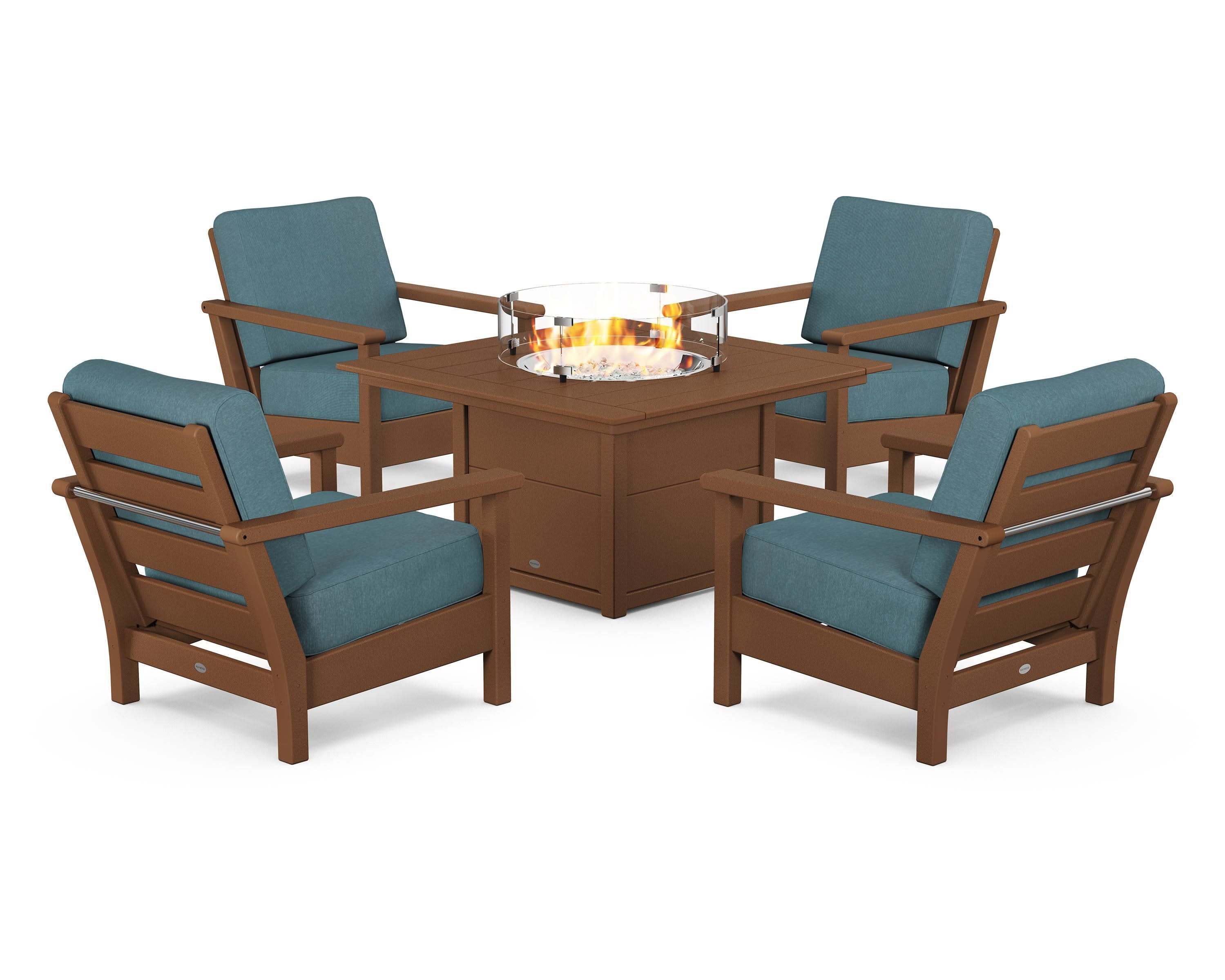 Harbour 5-Piece Conversation Set with Fire Pit Table in Teak / Ocean Teal