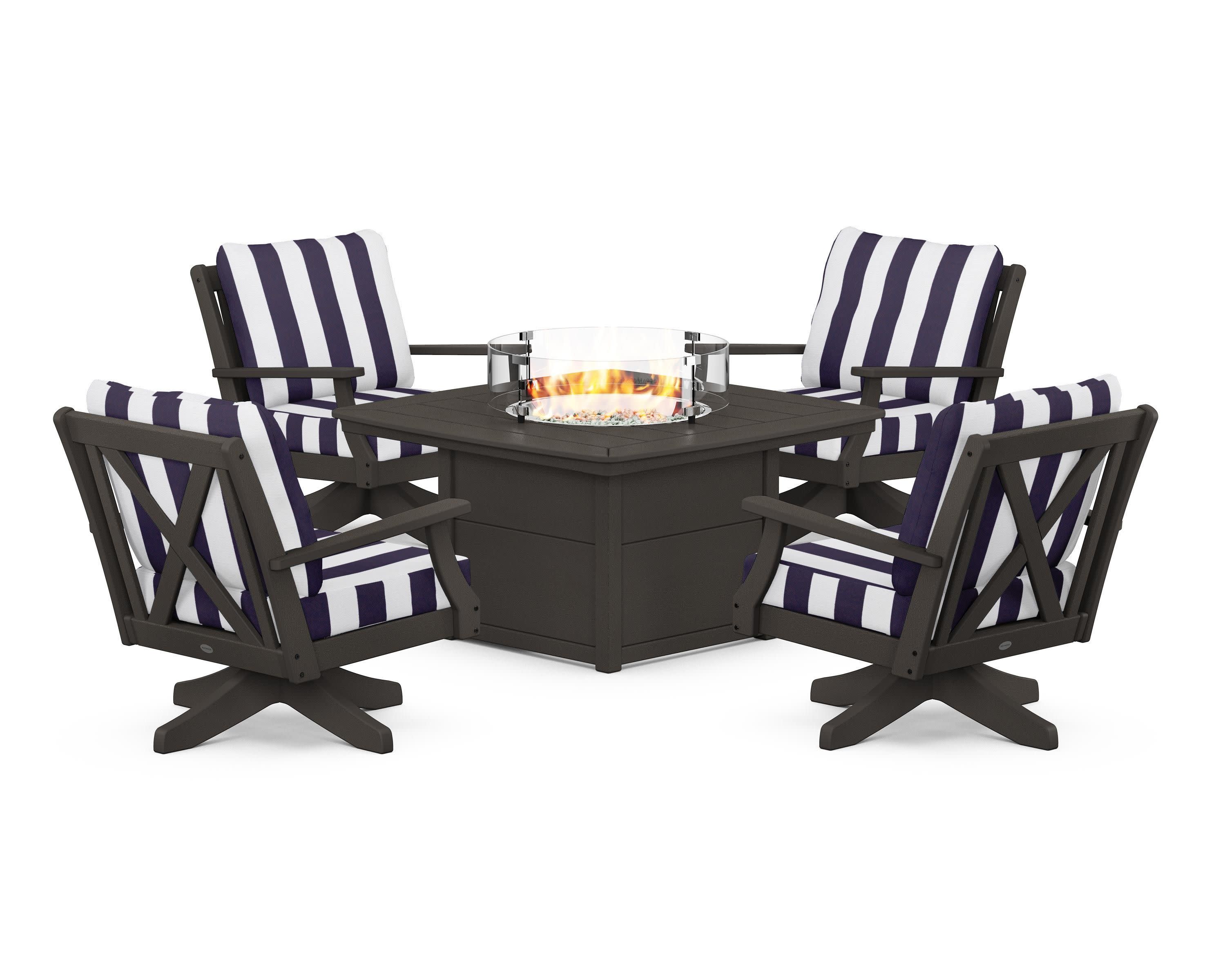 Braxton 5-Piece Deep Seating Swivel Conversation Set with Fire Pit Table in Vintage Coffee / Cabana Stripe Navy