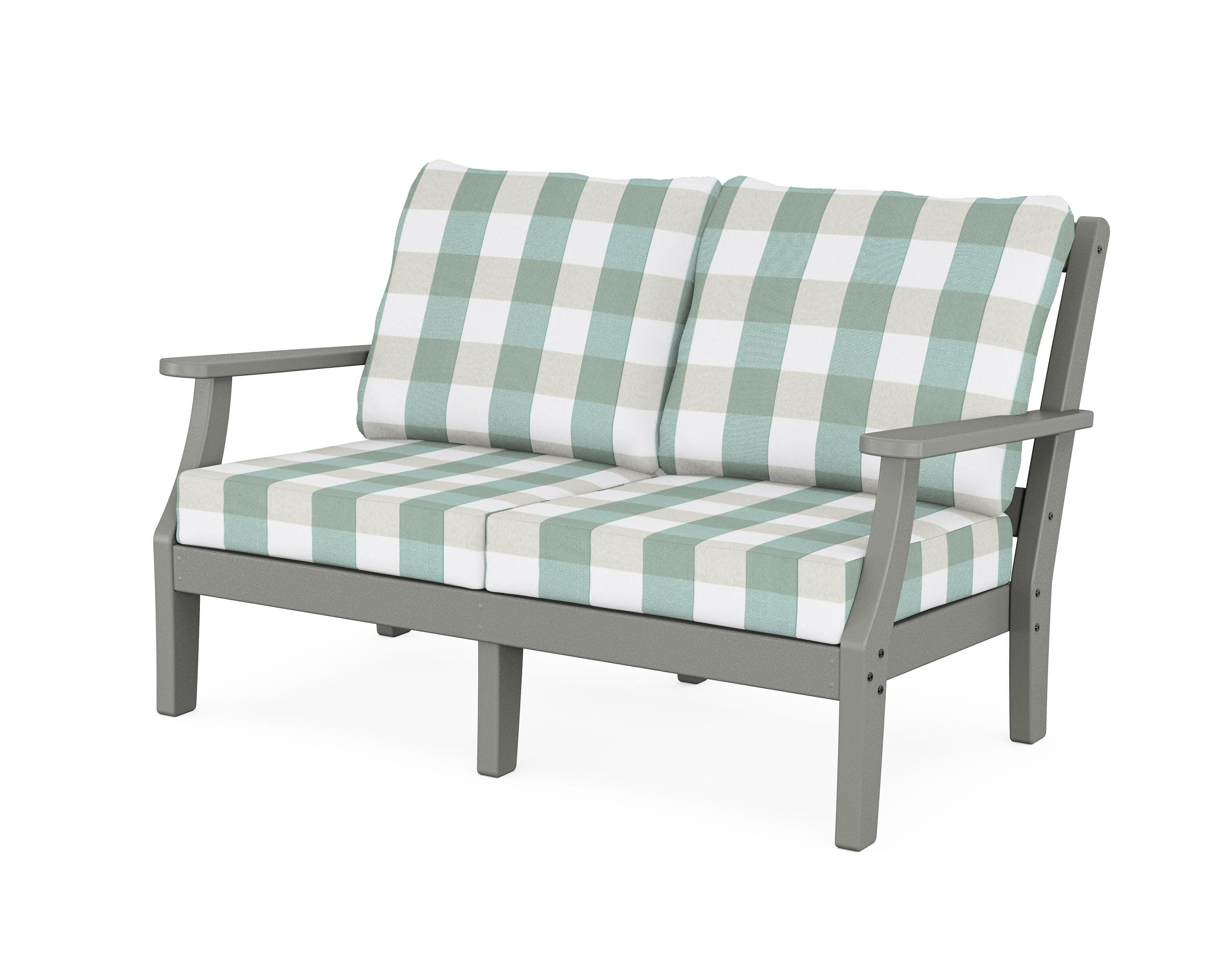 Chinoiserie Deep Seating Loveseat in Slate Grey / Buffalo Plaid Glacier Spa
