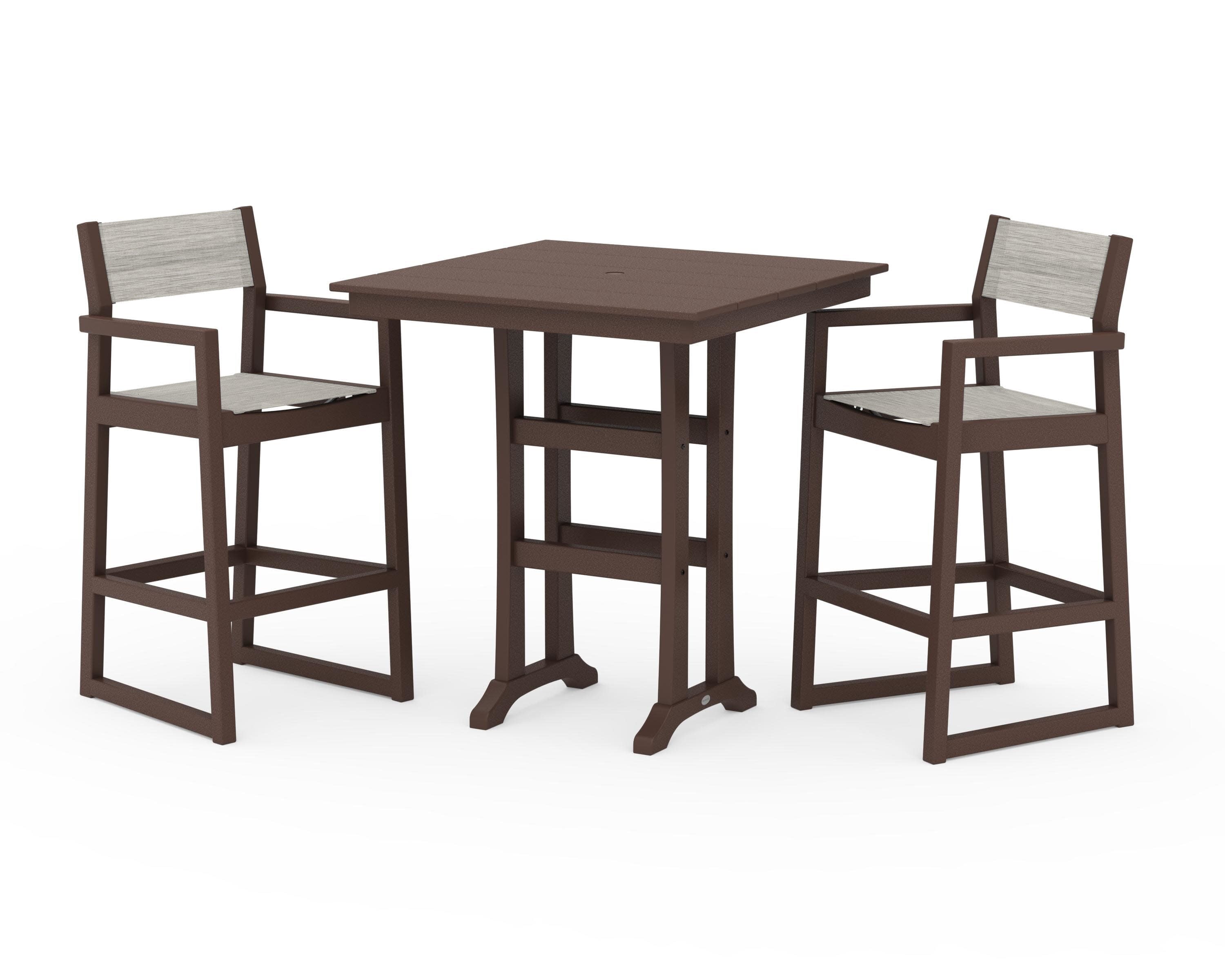EDGE Sling Arm Chair 3-Piece Farmhouse Bar Set with Trestle Legs in Mahogany / Birch Sling