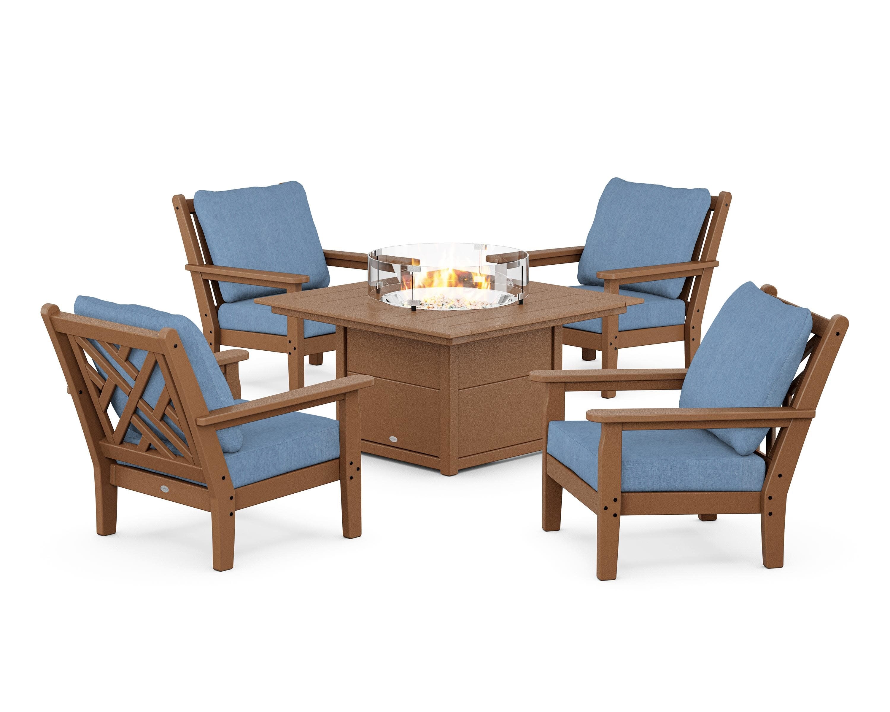 Chippendale 5-Piece Deep Seating Set with Fire Pit Table in Teak / Sky Blue