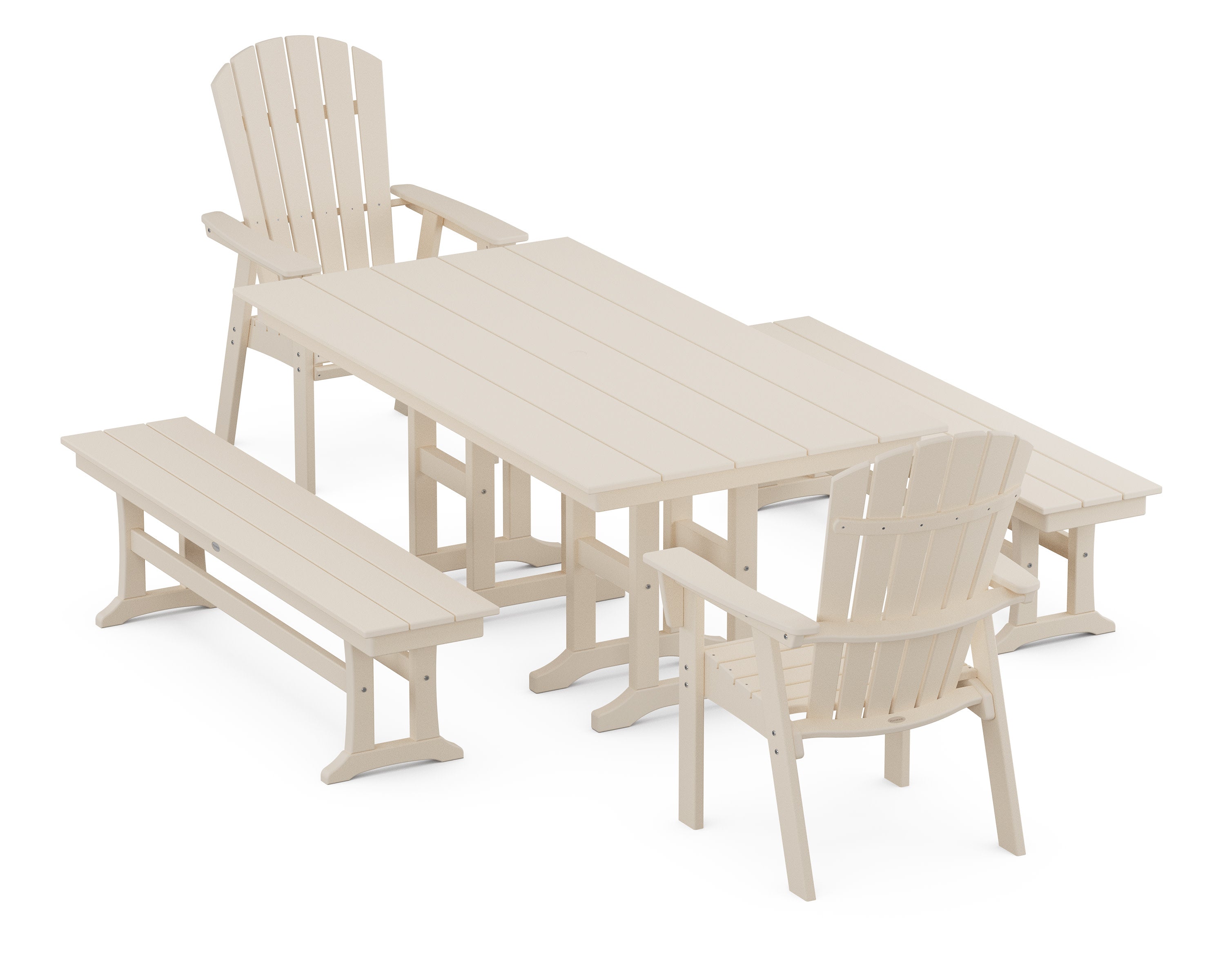 Nautical Curveback Adirondack 5-Piece Farmhouse Dining Set with Benches in Sand