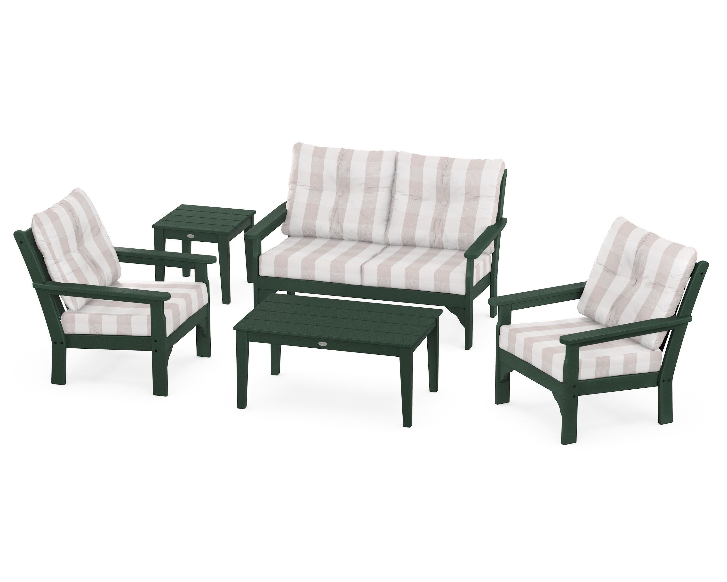 Vineyard 5-Piece Deep Seating Set in Green / Buffalo Plaid Dune Burlap