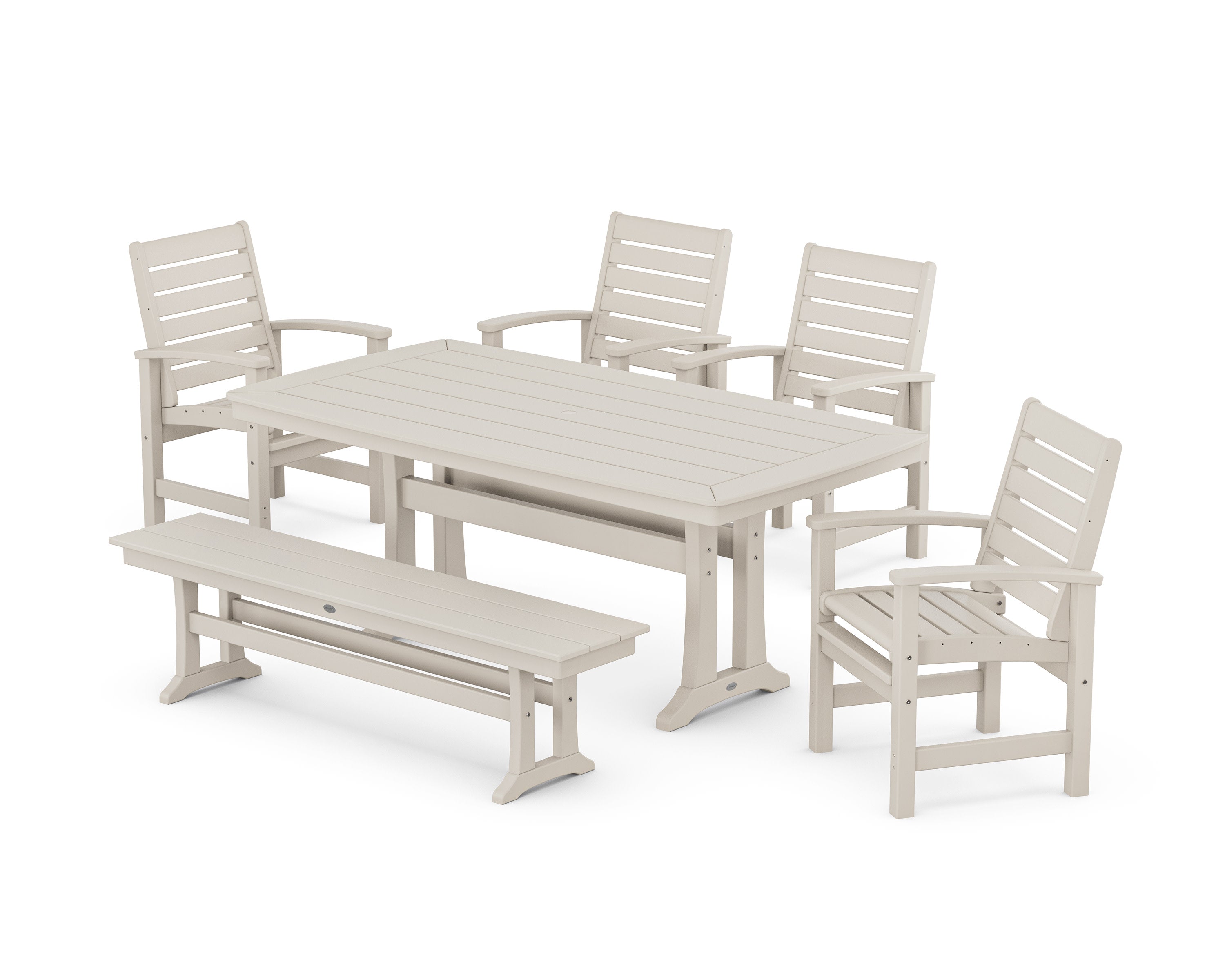 Signature 6-Piece Dining Set with Trestle Legs and Bench in Sand