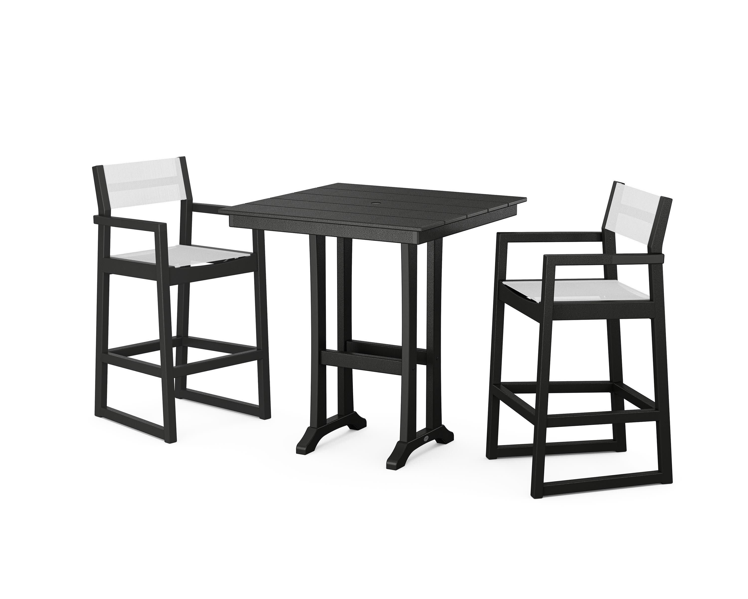 EDGE Sling Arm Chair 3-Piece Farmhouse Bar Set with Trestle Legs in Black / White Sling
