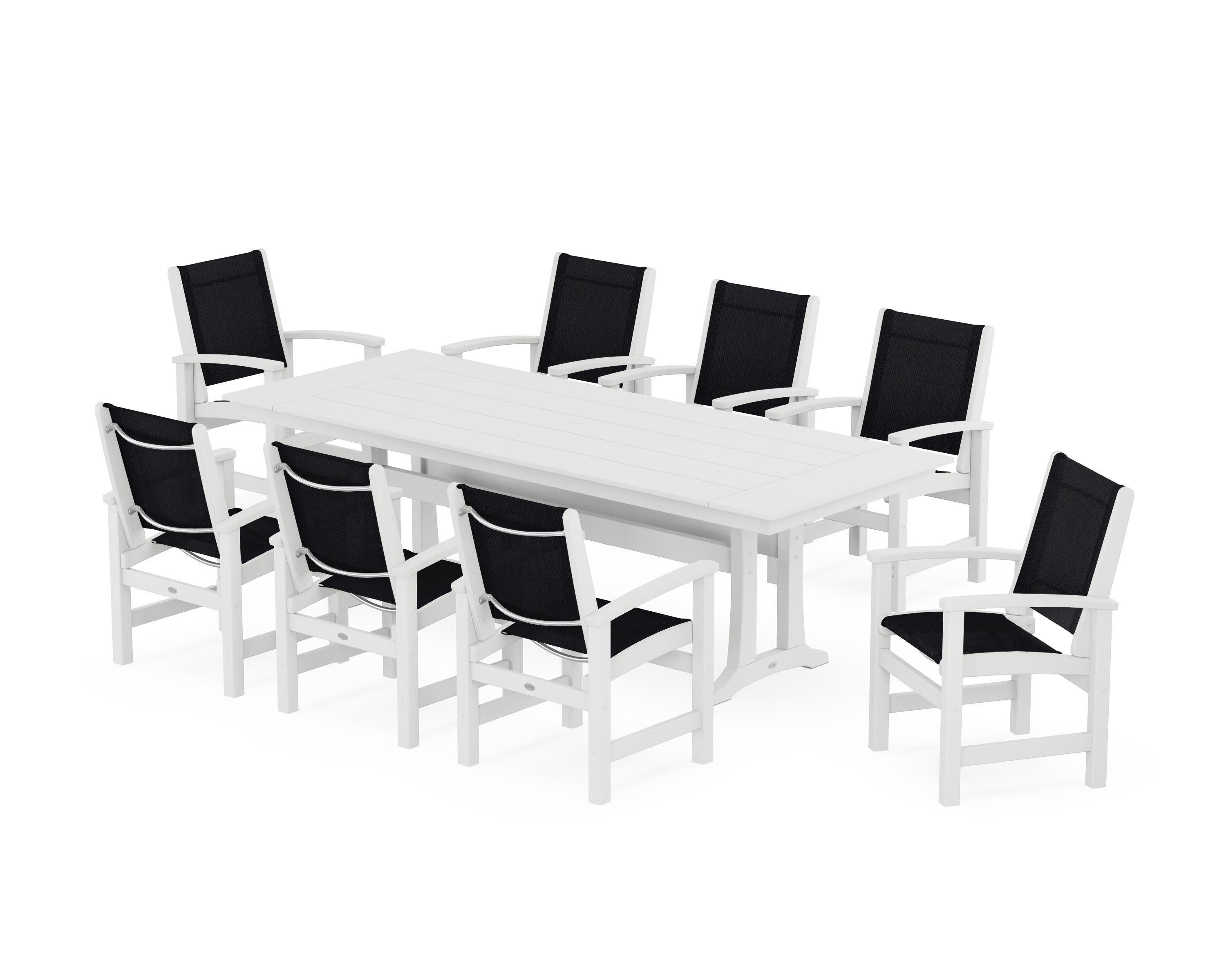 Coastal 9-Piece Farmhouse Dining Set with Trestle Legs in White / Black Sling