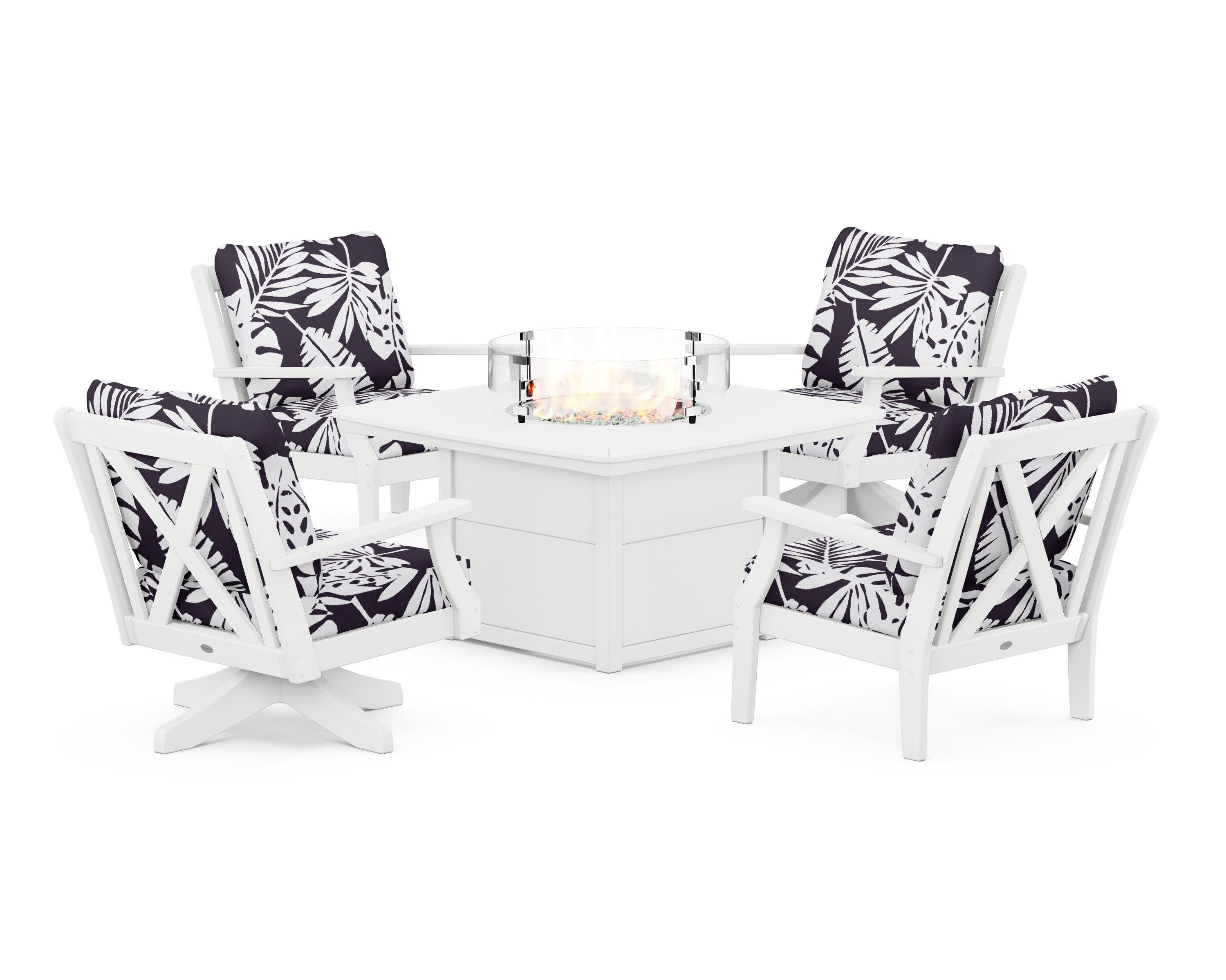 Braxton 5-Piece Deep Seating Set with Fire Table in White / Leaf Navy