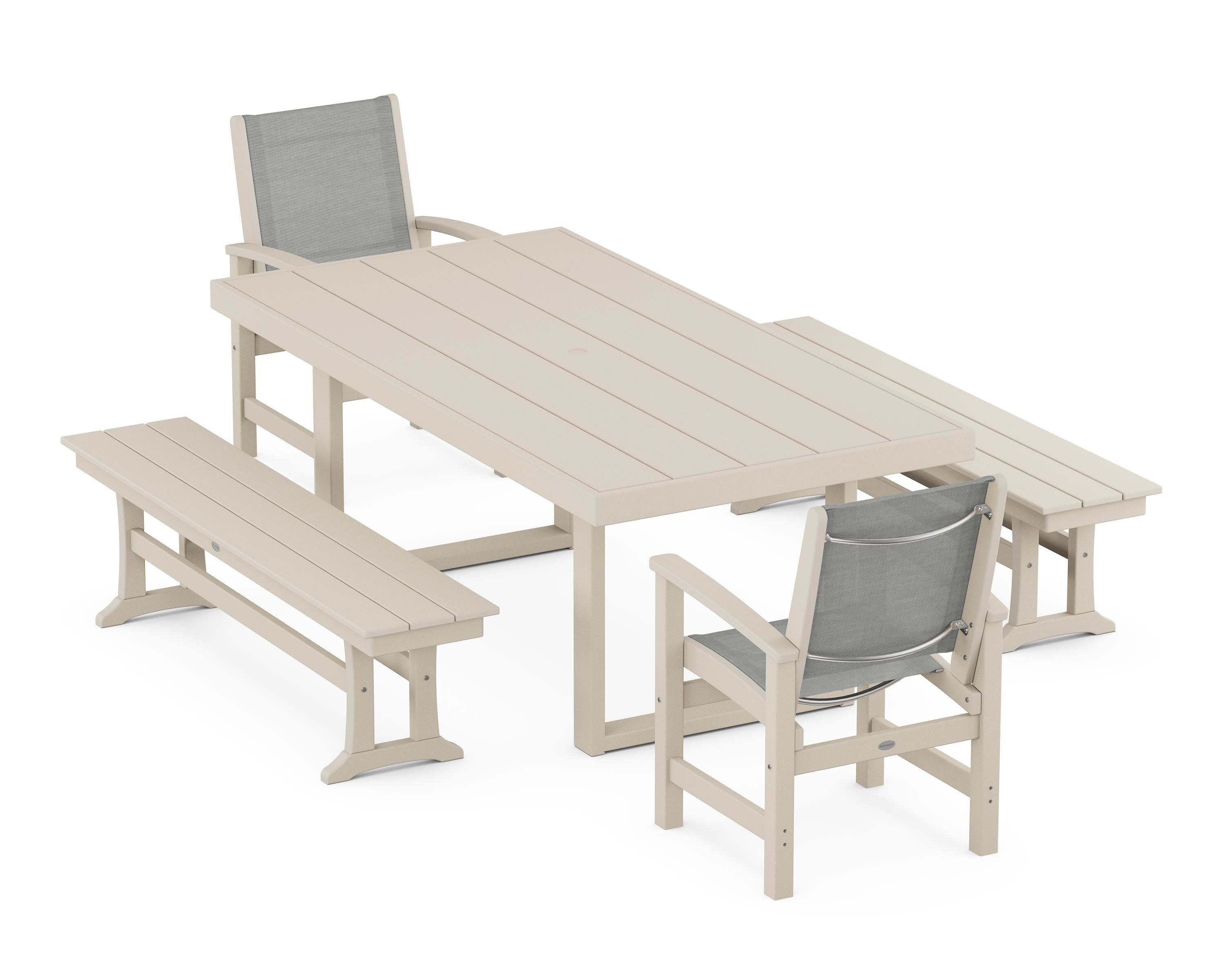 Coastal 5-Piece Dining Set with Trestle Legs in Sand / Metallic Sling
