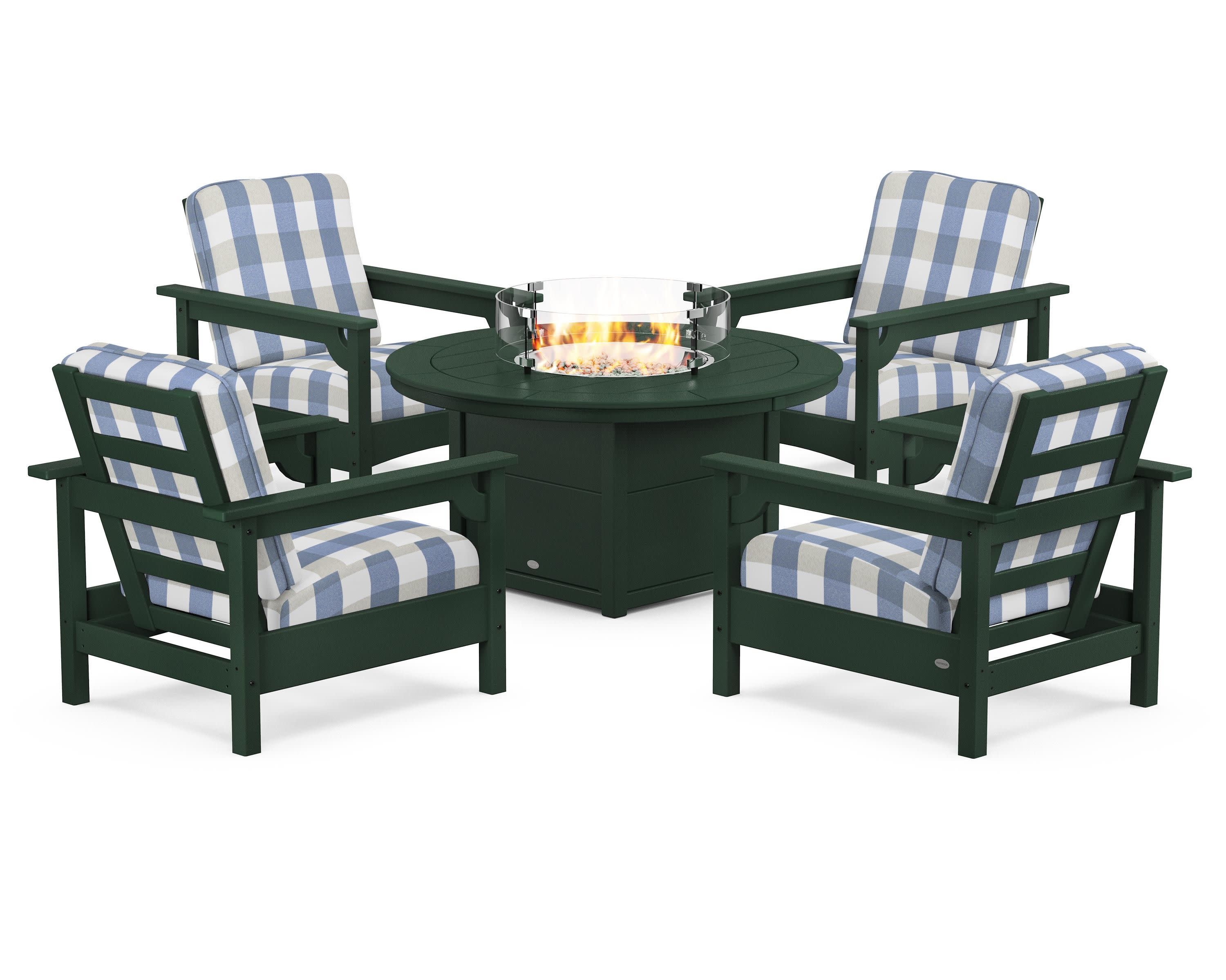 Club 5-Piece Conversation Set with Fire Pit Table in Green / Buffalo Plaid Sky Blue