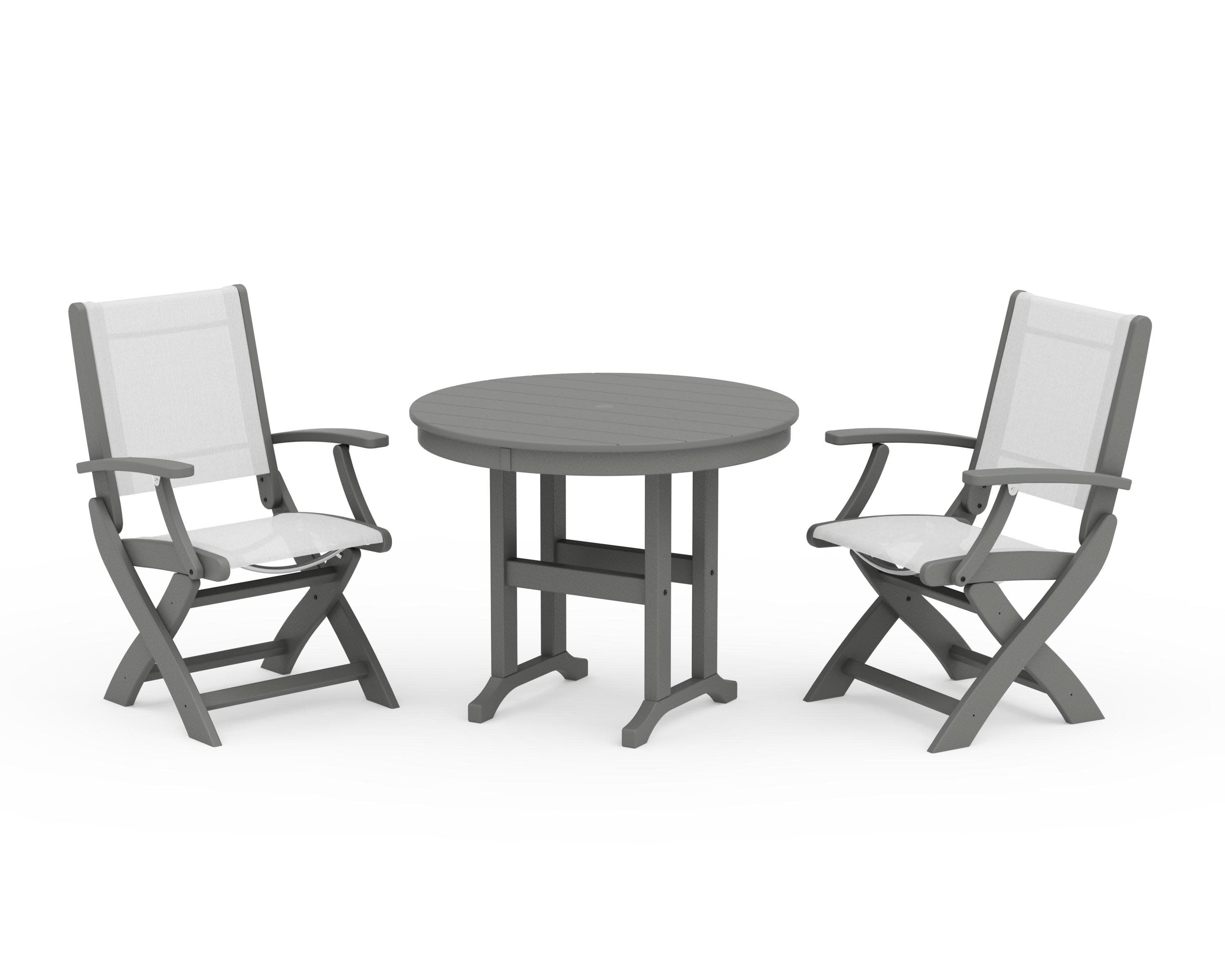 Coastal Folding Chair 3-Piece Round Dining Set in Slate Grey / White Sling