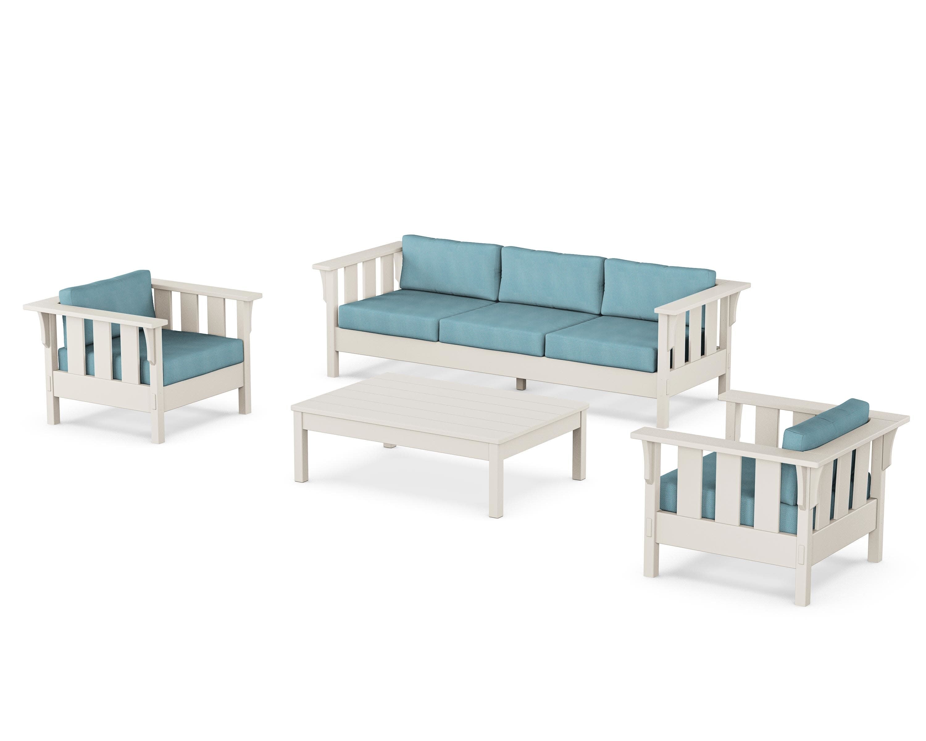 Acadia 4-Piece Deep Seating Set with Sofa in Sand / Lattice Sky Blue