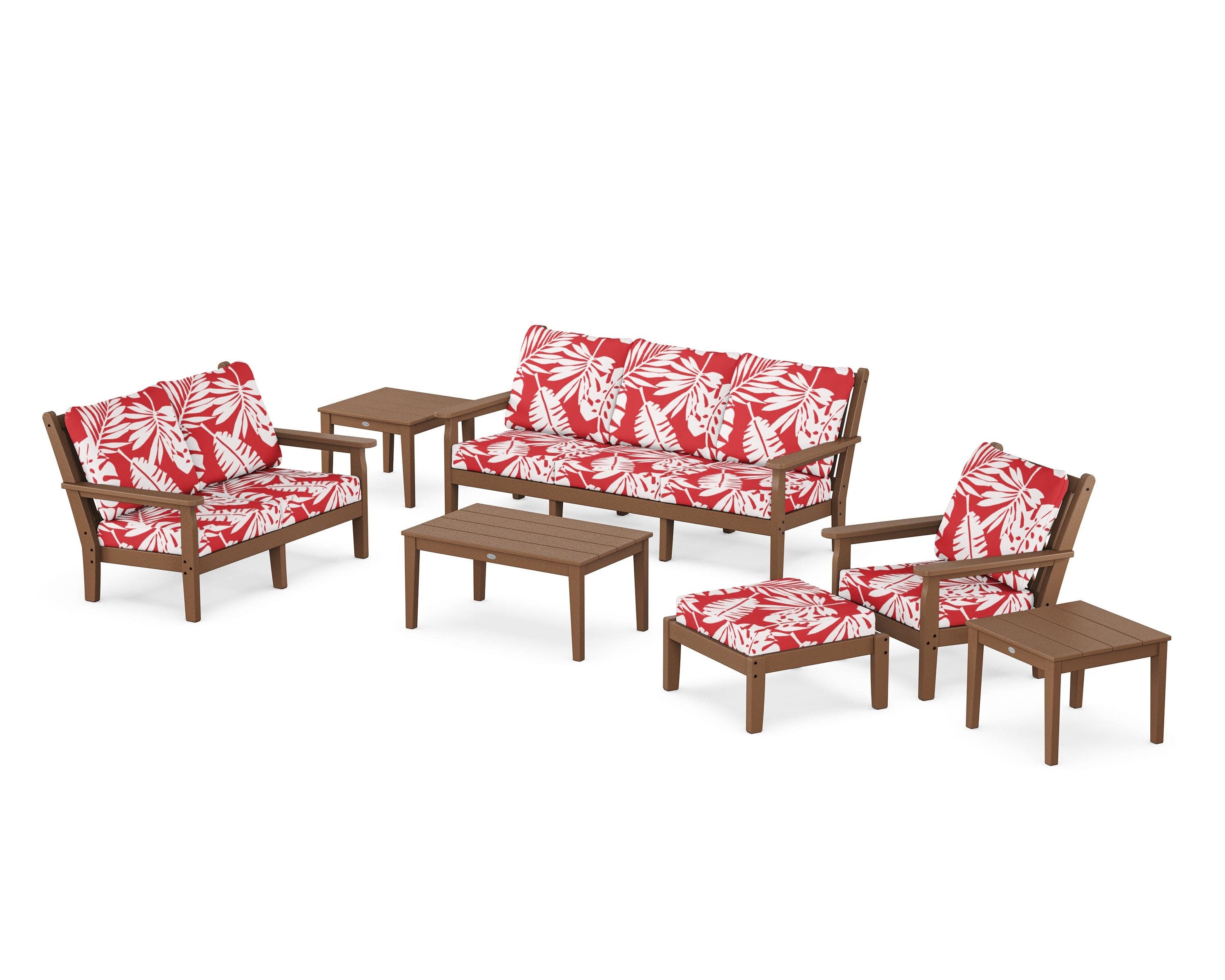 Chippendale 7-Piece Deep Seating Set in Teak / Leaf Crimson