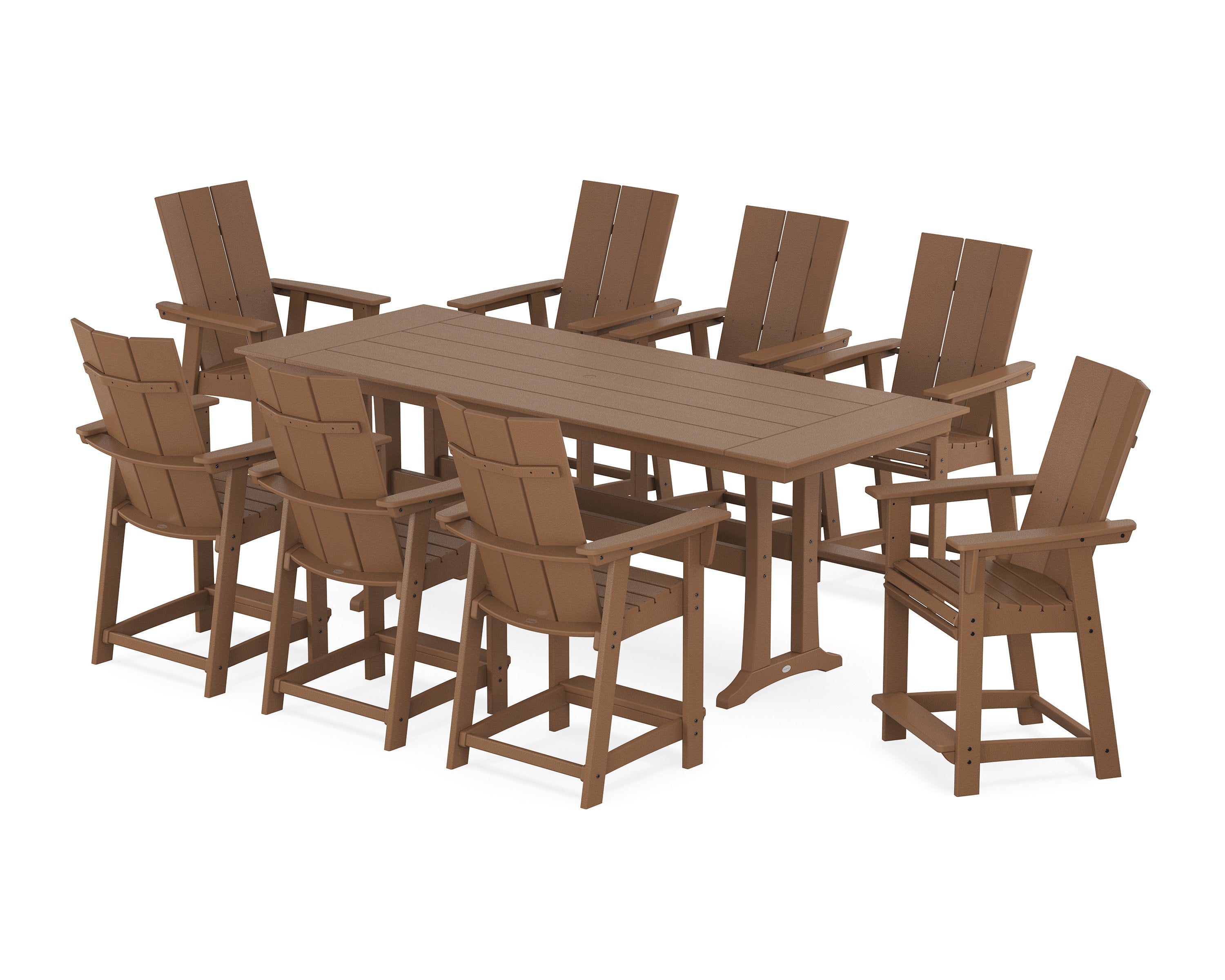 Modern Curveback Adirondack 9-Piece Farmhouse Counter Set with Trestle Legs in Teak