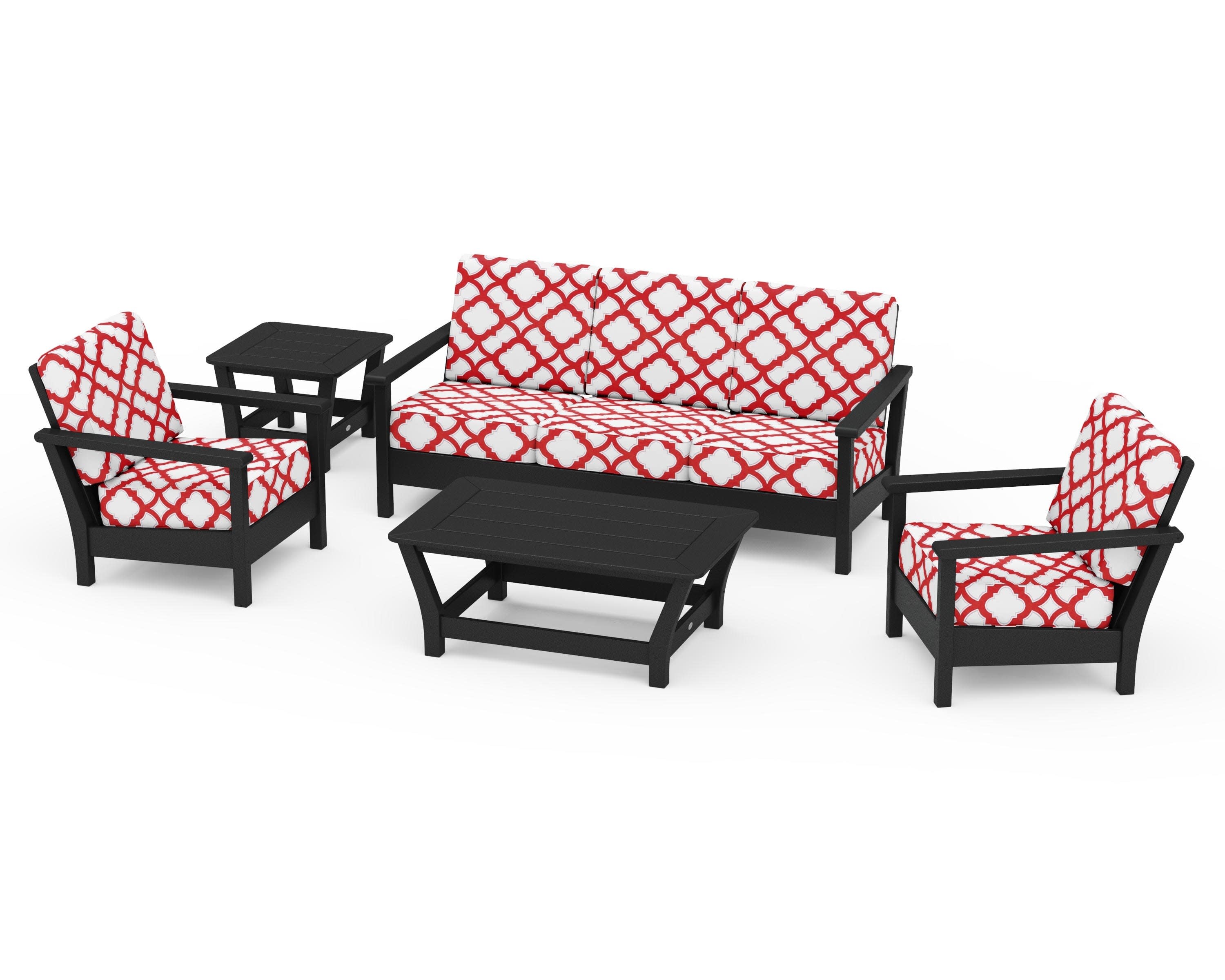 Harbour 5-Piece Deep Seating Set in Black / Trellis Crimson