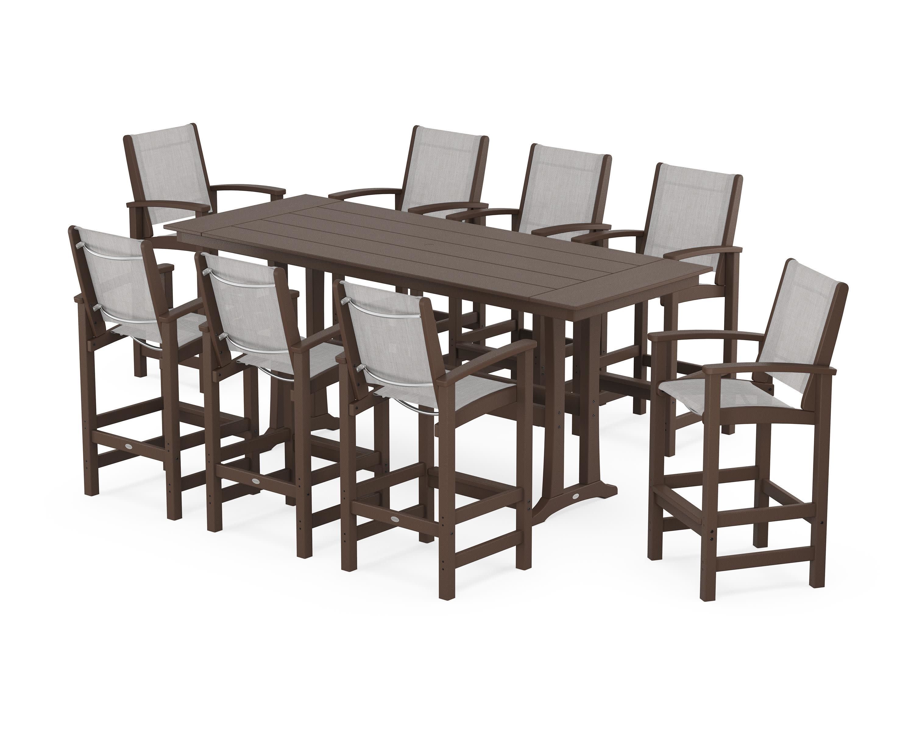 Coastal 9-Piece Farmhouse Bar Set with Trestle Legs in Mahogany / Parchment Sling