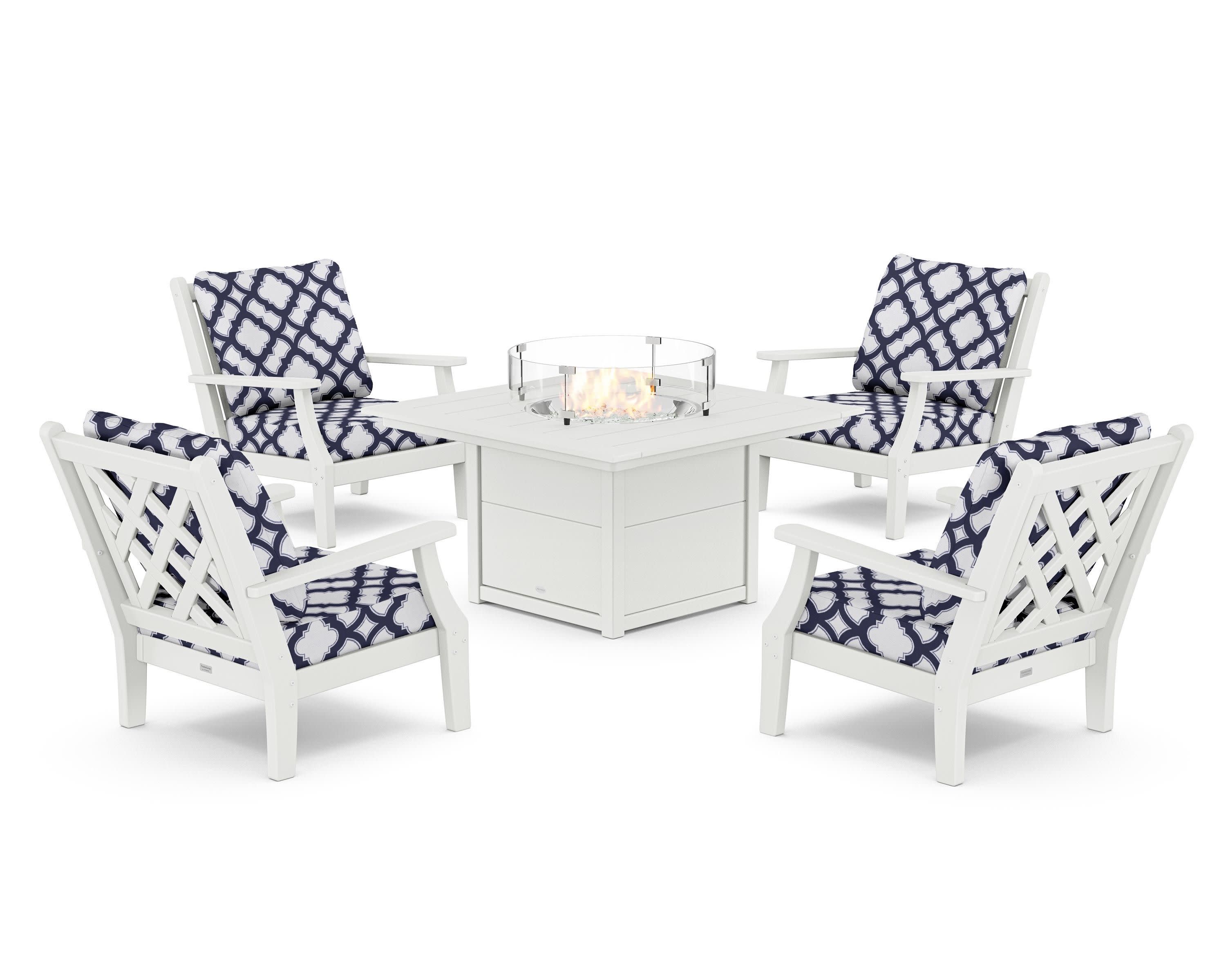 Wovendale 5-Piece Deep Seating Set with Fire Pit Table in White / Trellis Navy