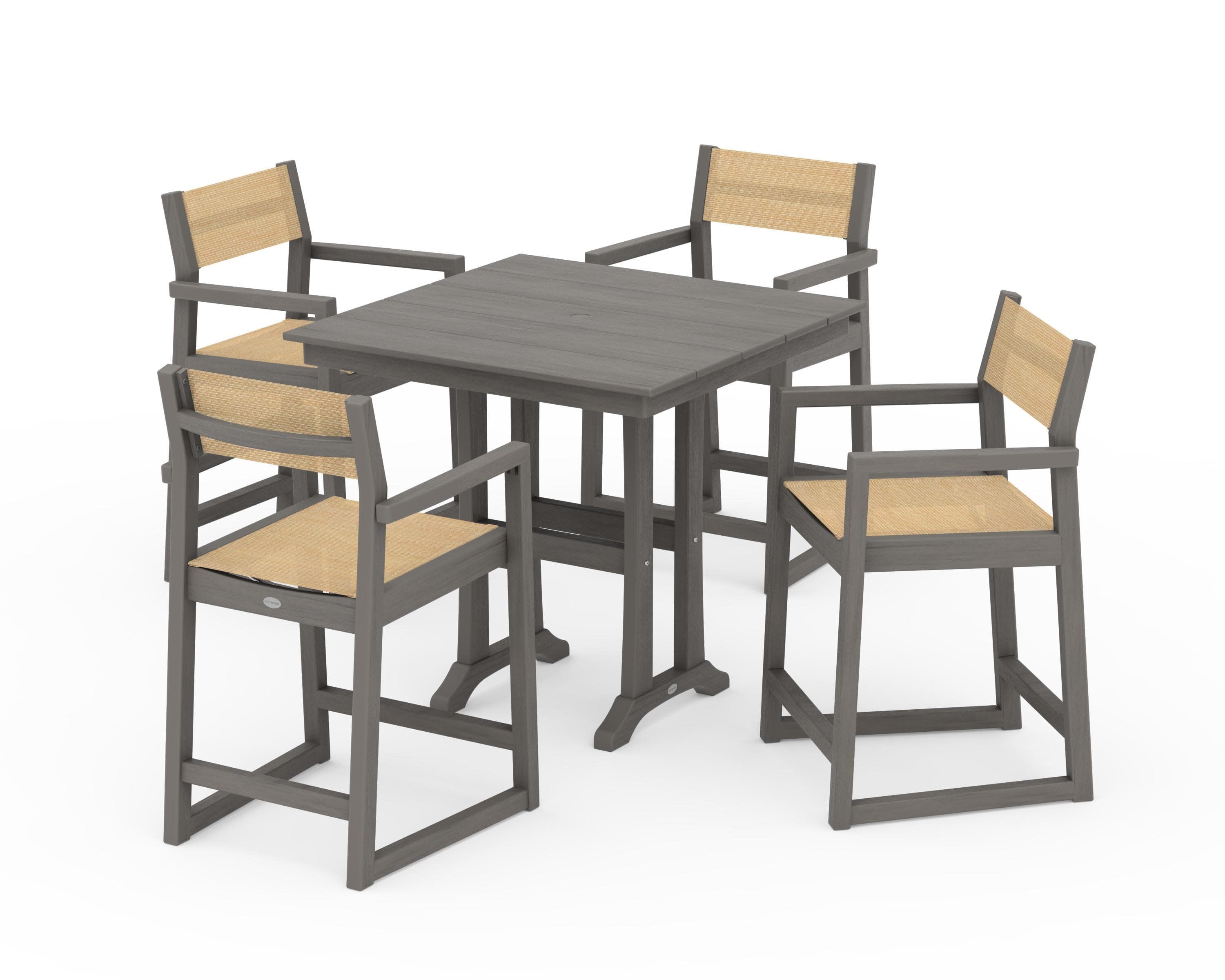 EDGE Sling Arm Chair 5-Piece Farmhouse Counter Set with Trestle Legs in Driftwood / Dupioni Apricot Sling