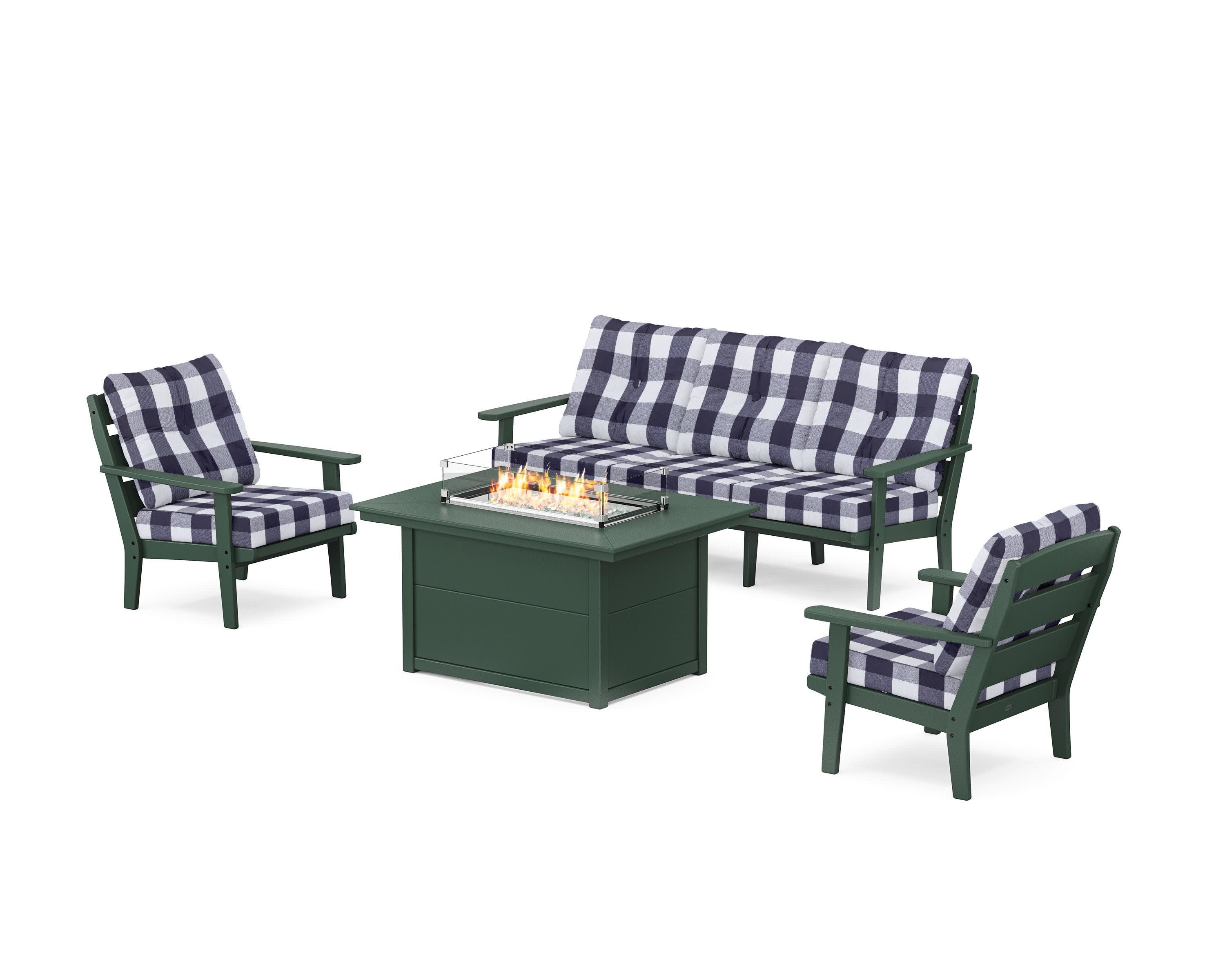 Lakeside Deep Seating Fire Pit Table Set in Green / Buffalo Plaid Navy