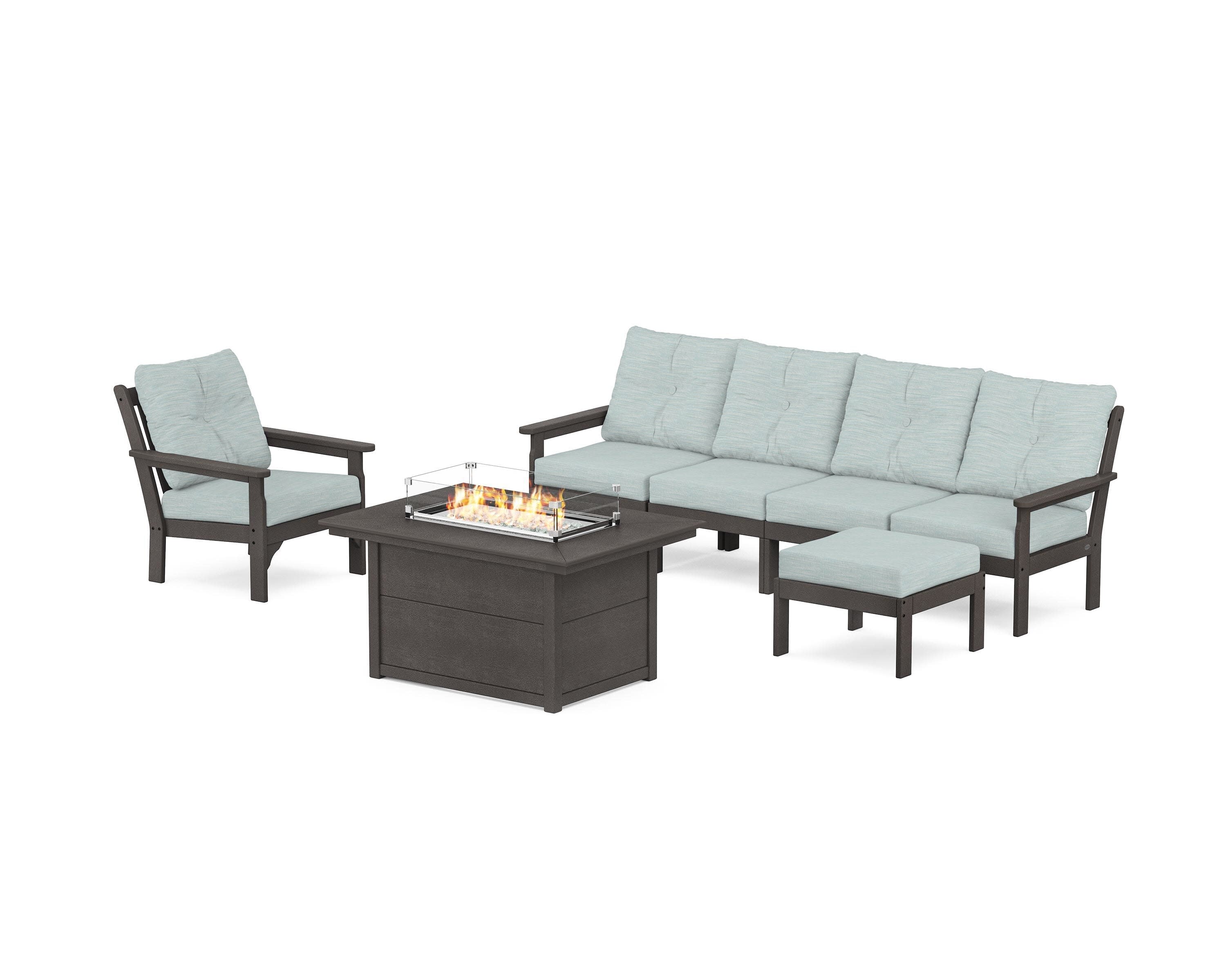 Vineyard Sectional Lounge and Fire Pit Set in Vintage Coffee / Soothe Mist