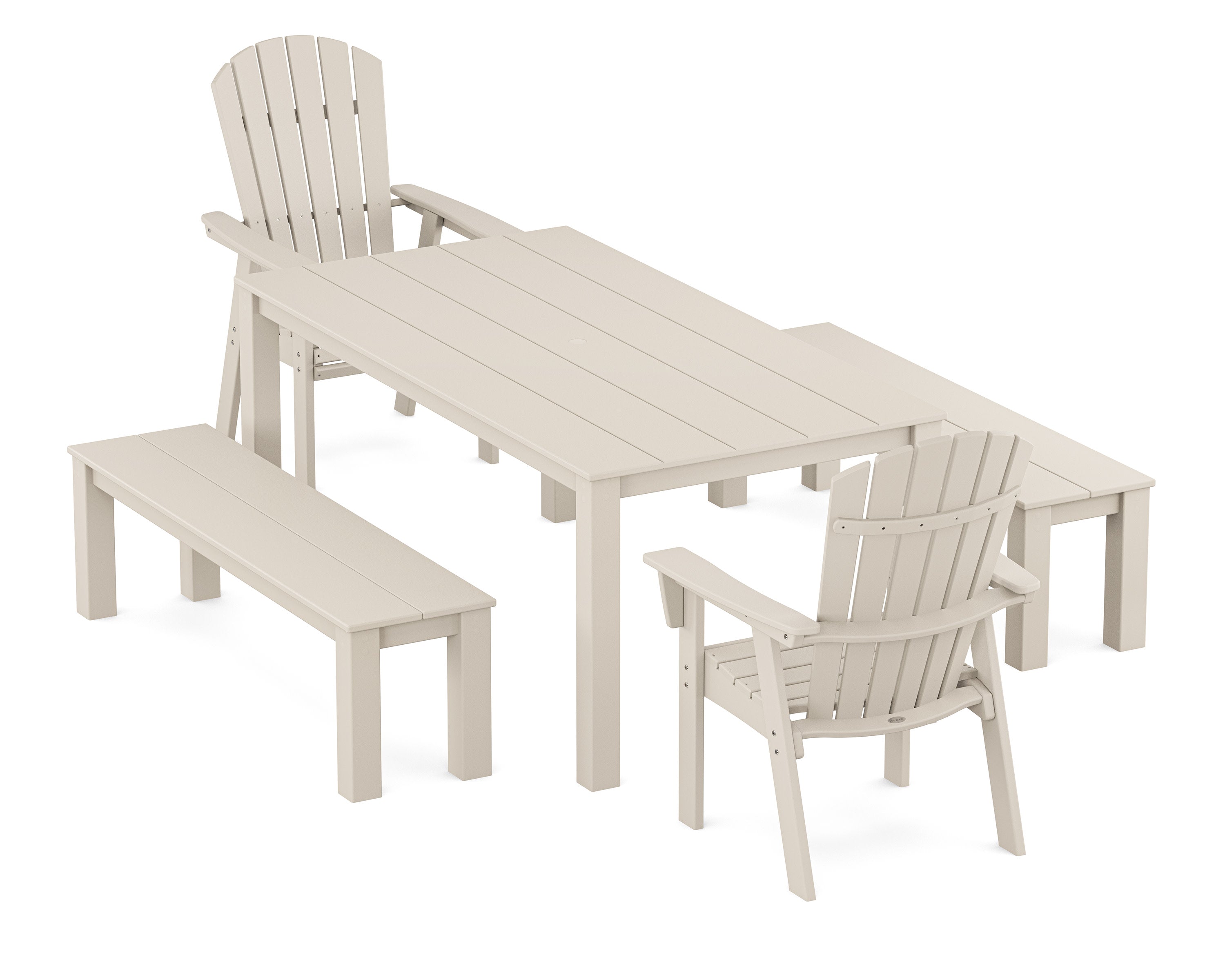 Nautical Curveback Adirondack 5-Piece Parsons Dining Set with Benches in Sand