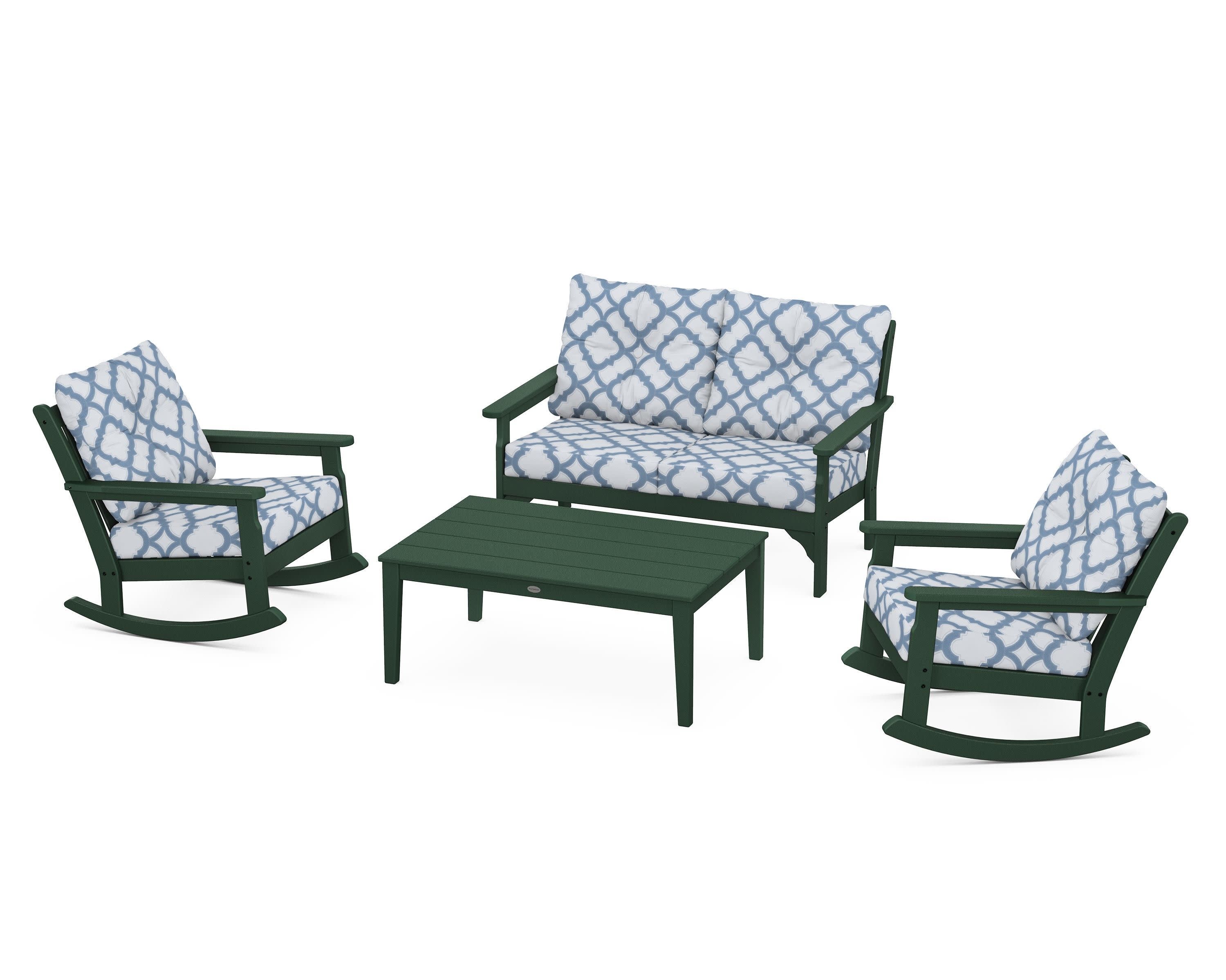 Vineyard 4-Piece Deep Seating Rocking Chair Set in Green / Trellis Sky Blue