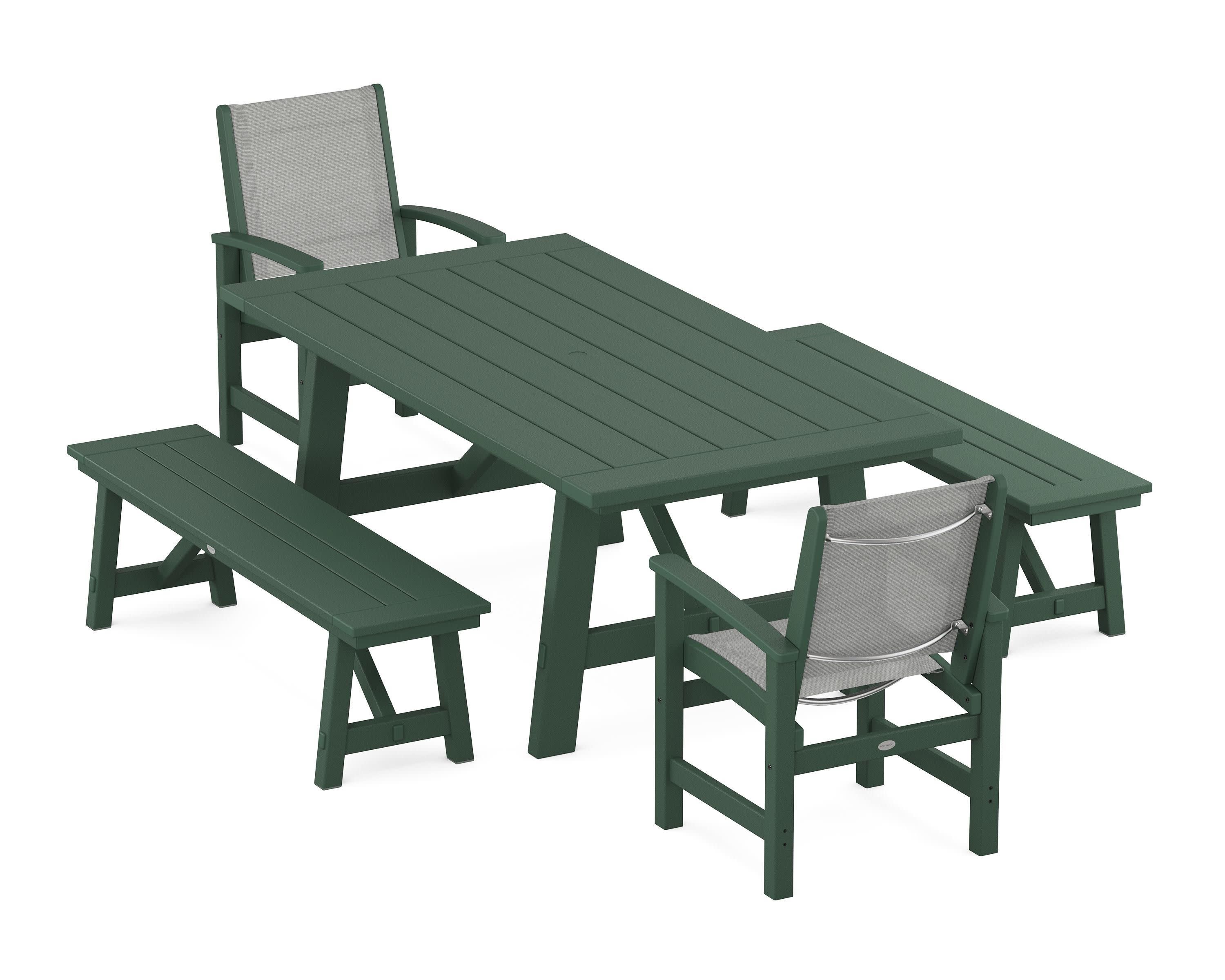 Coastal 5-Piece Rustic Farmhouse Dining Set With Benches in Green / Metallic Sling