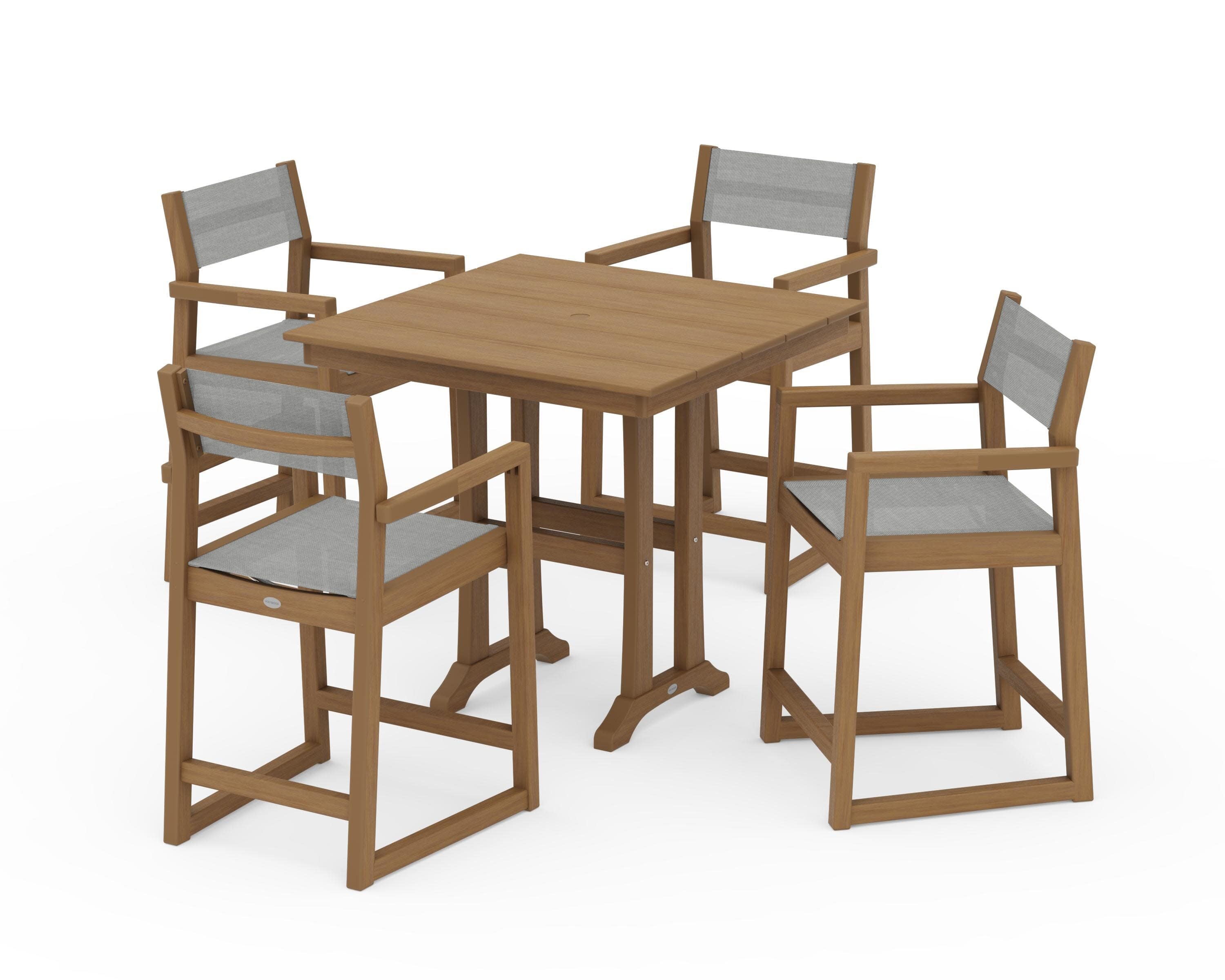 EDGE Sling Arm Chair 5-Piece Farmhouse Counter Set with Trestle Legs in Natural / Metallic Sling