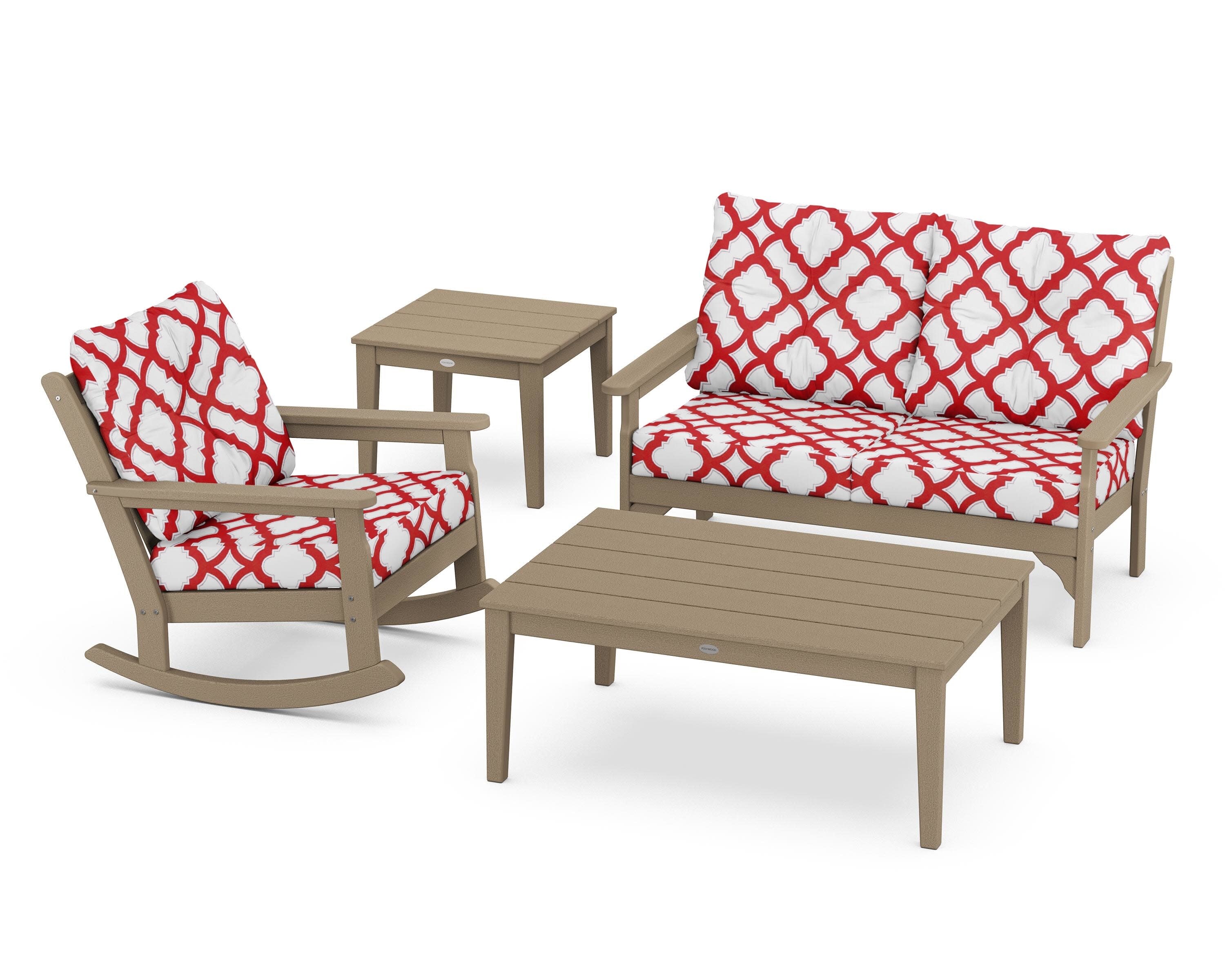 Vineyard 4-Piece Deep Seating Rocker Set in Vintage Sahara / Trellis Crimson