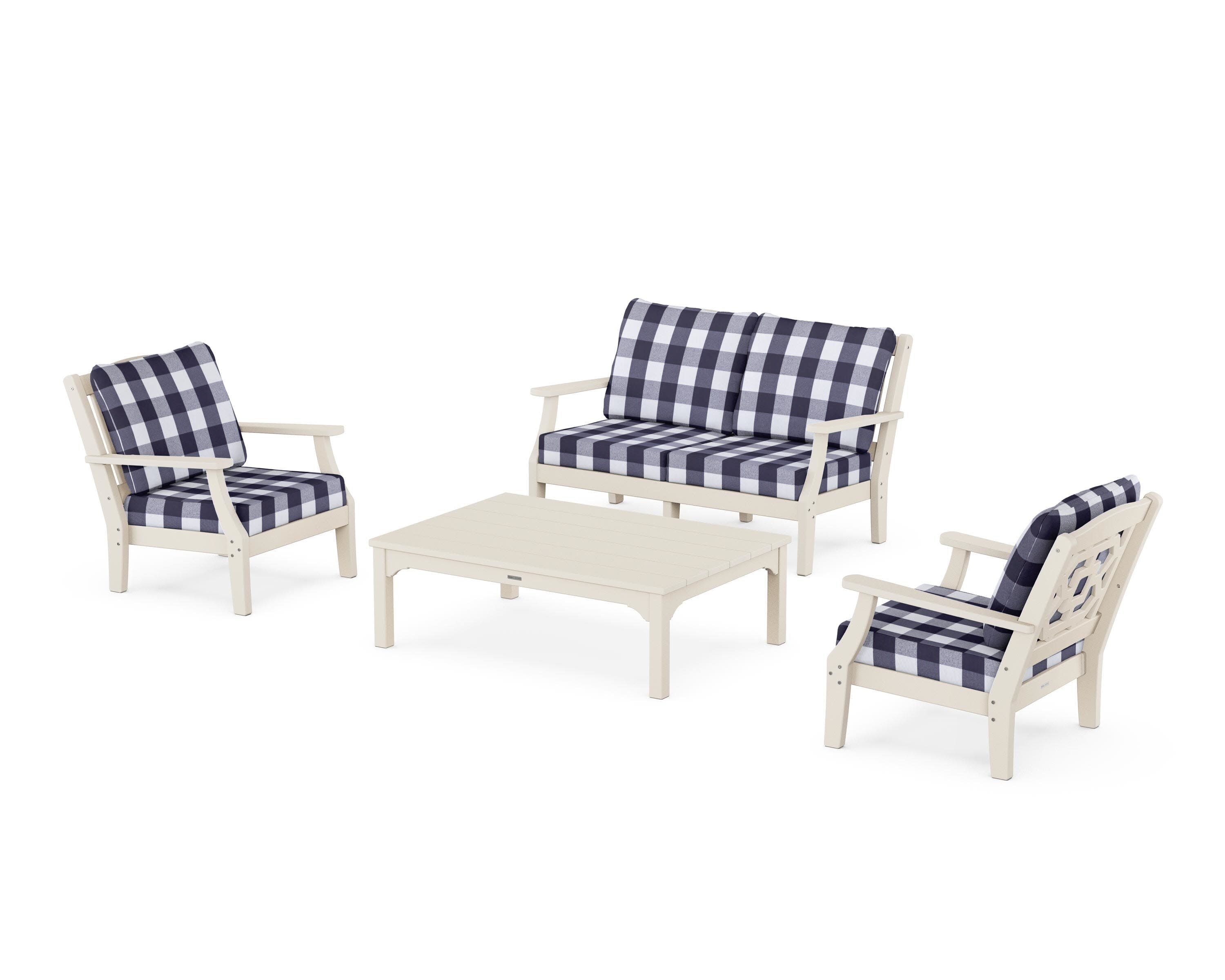 Chinoiserie 4-Piece Deep Seating Set with Loveseat in Sand / Buffalo Plaid Navy