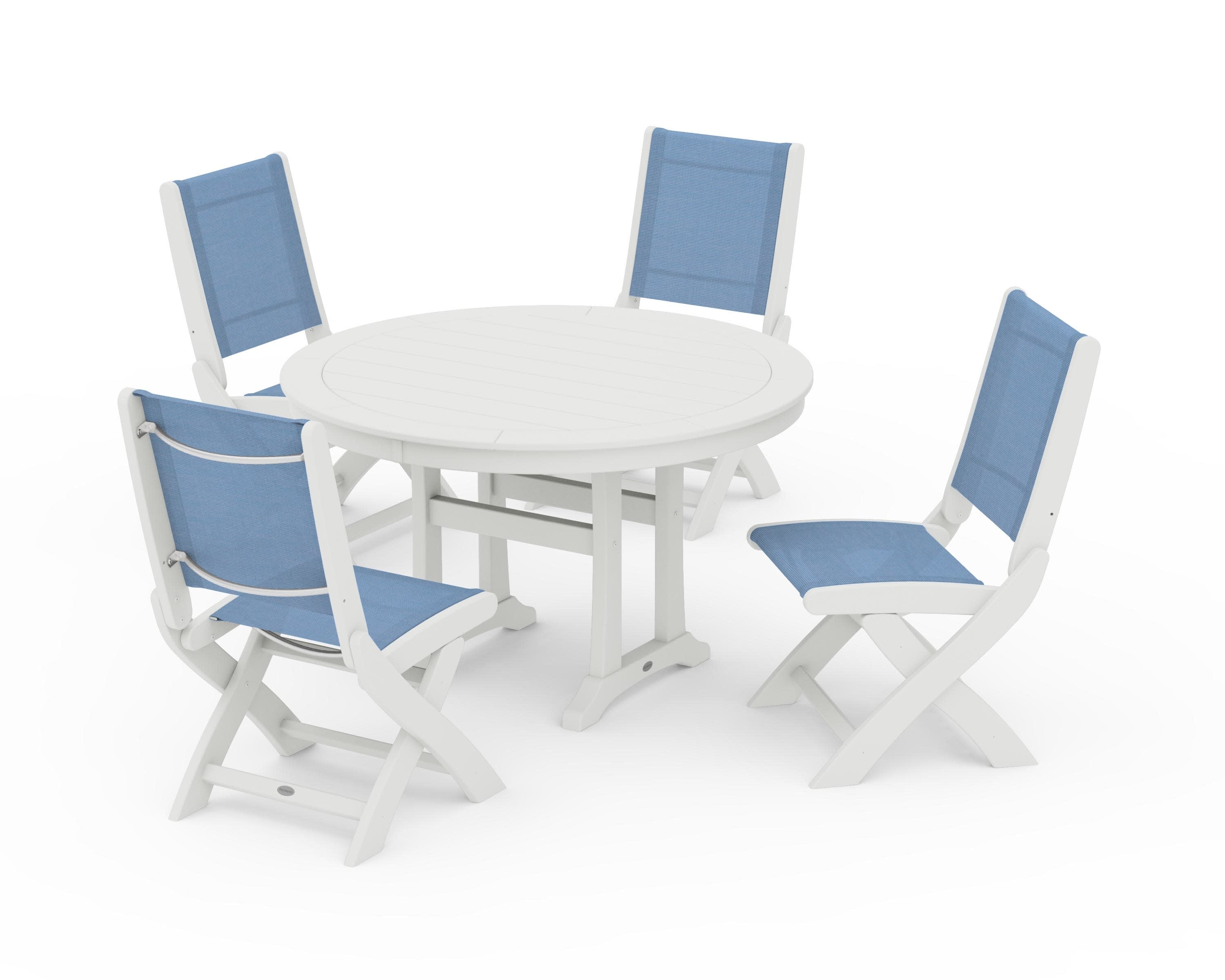 Coastal Folding Side Chair 5-Piece Round Dining Set With Trestle Legs in Vintage White / Poolside Sling
