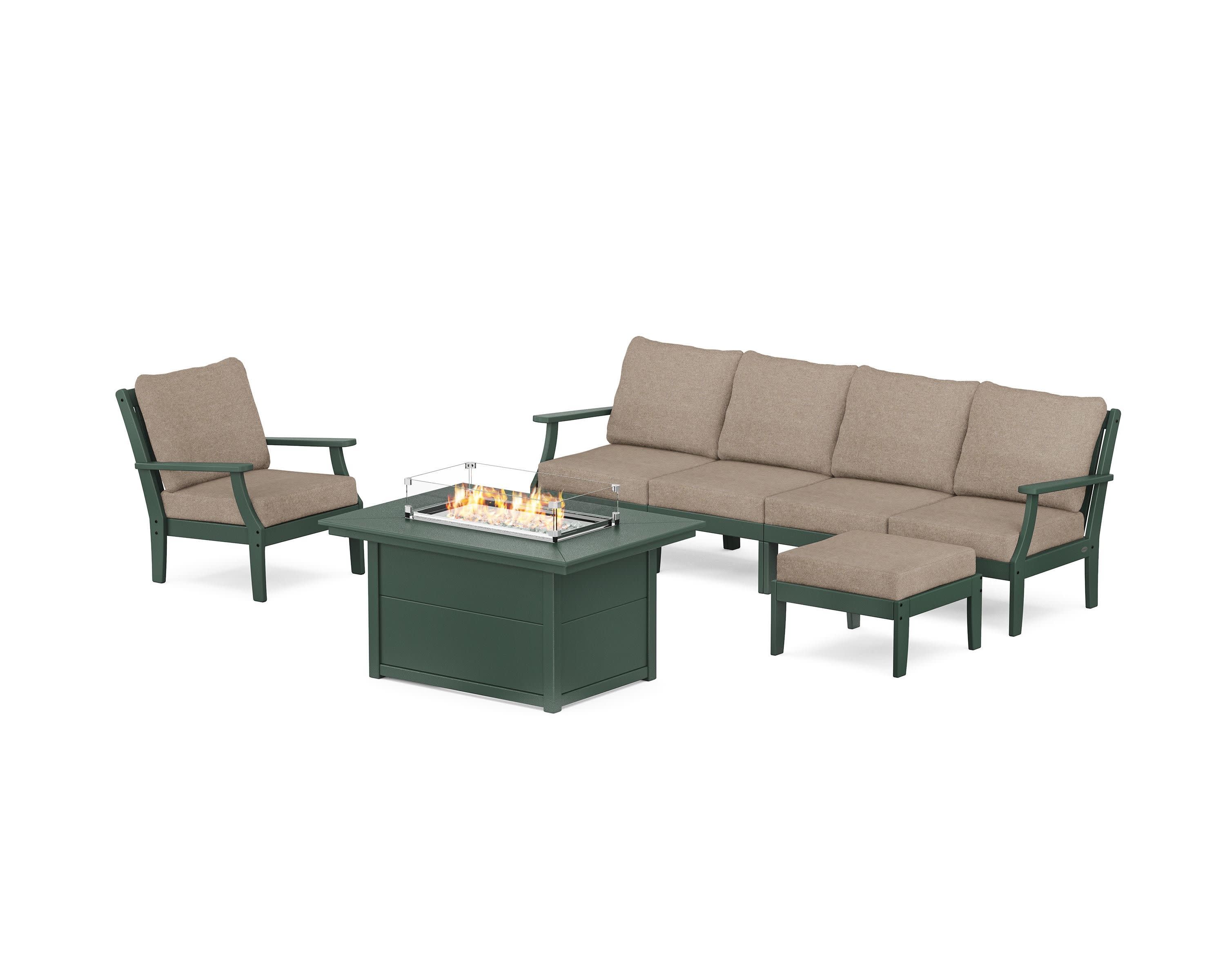 Braxton Sectional Lounge and Fire Pit Set in Green / Spiced Burlap