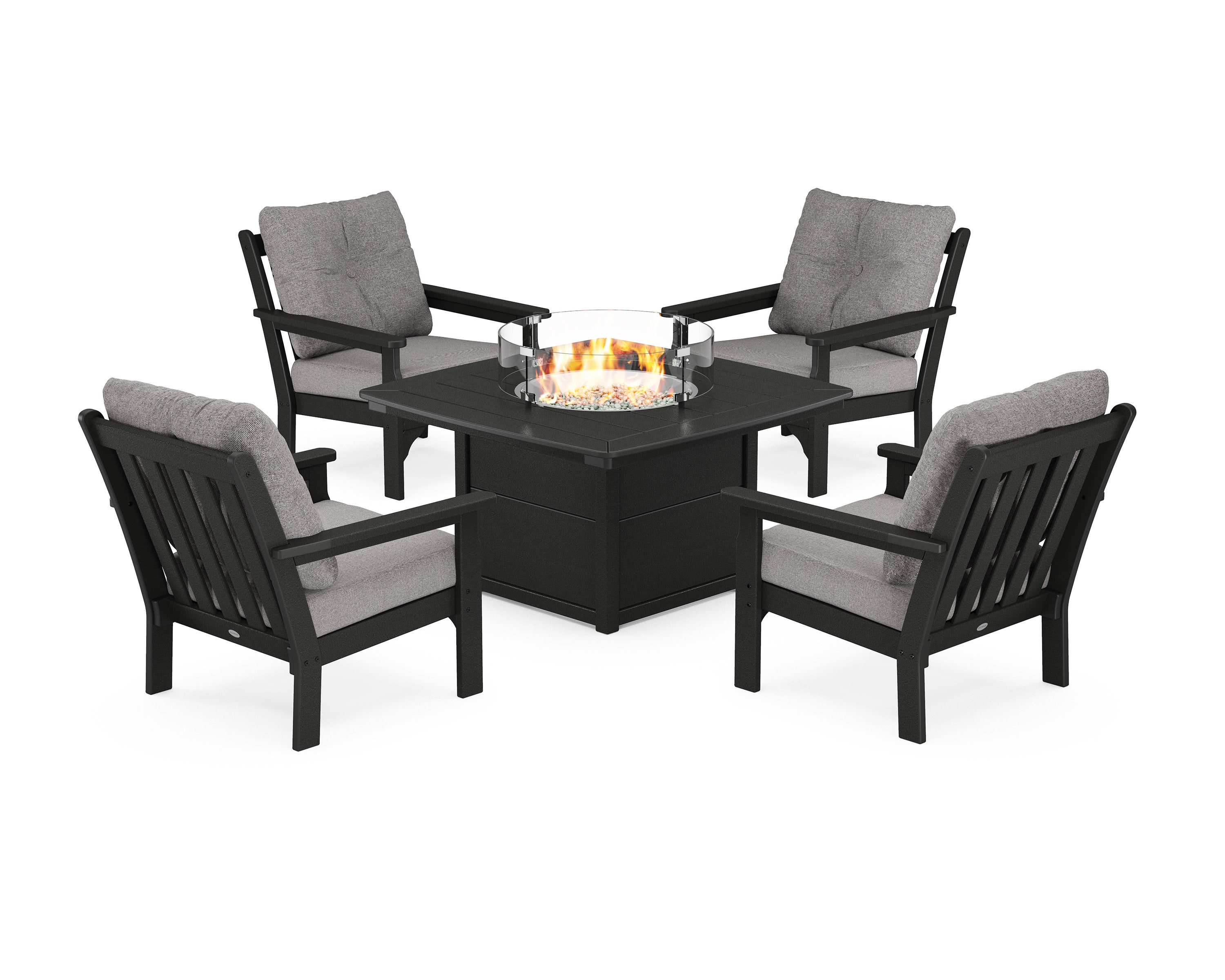 Vineyard 5-Piece Conversation Set with Fire Pit Table in Black / Grey Mist