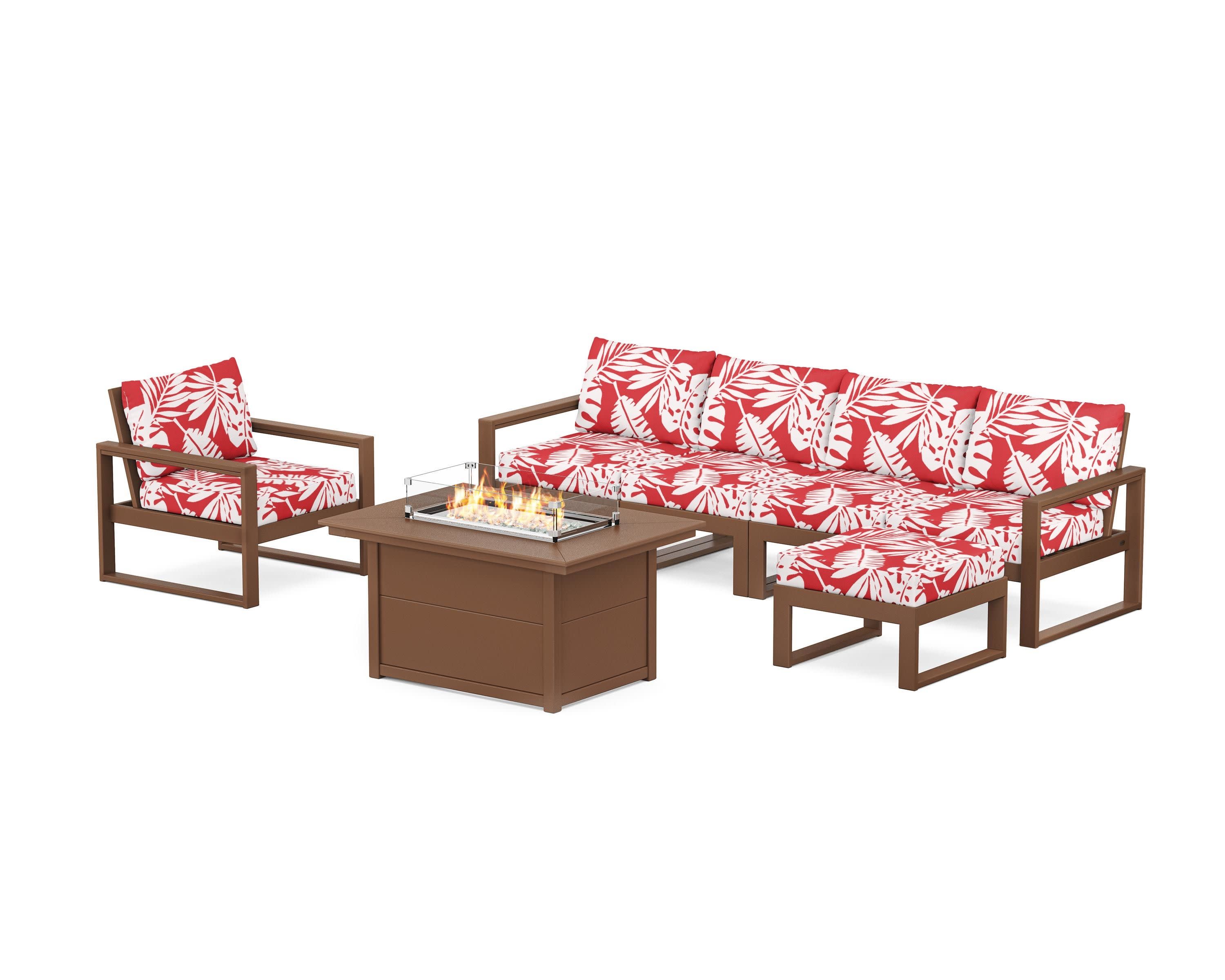 EDGE Sectional Lounge and Fire Pit Set in Teak / Leaf Crimson