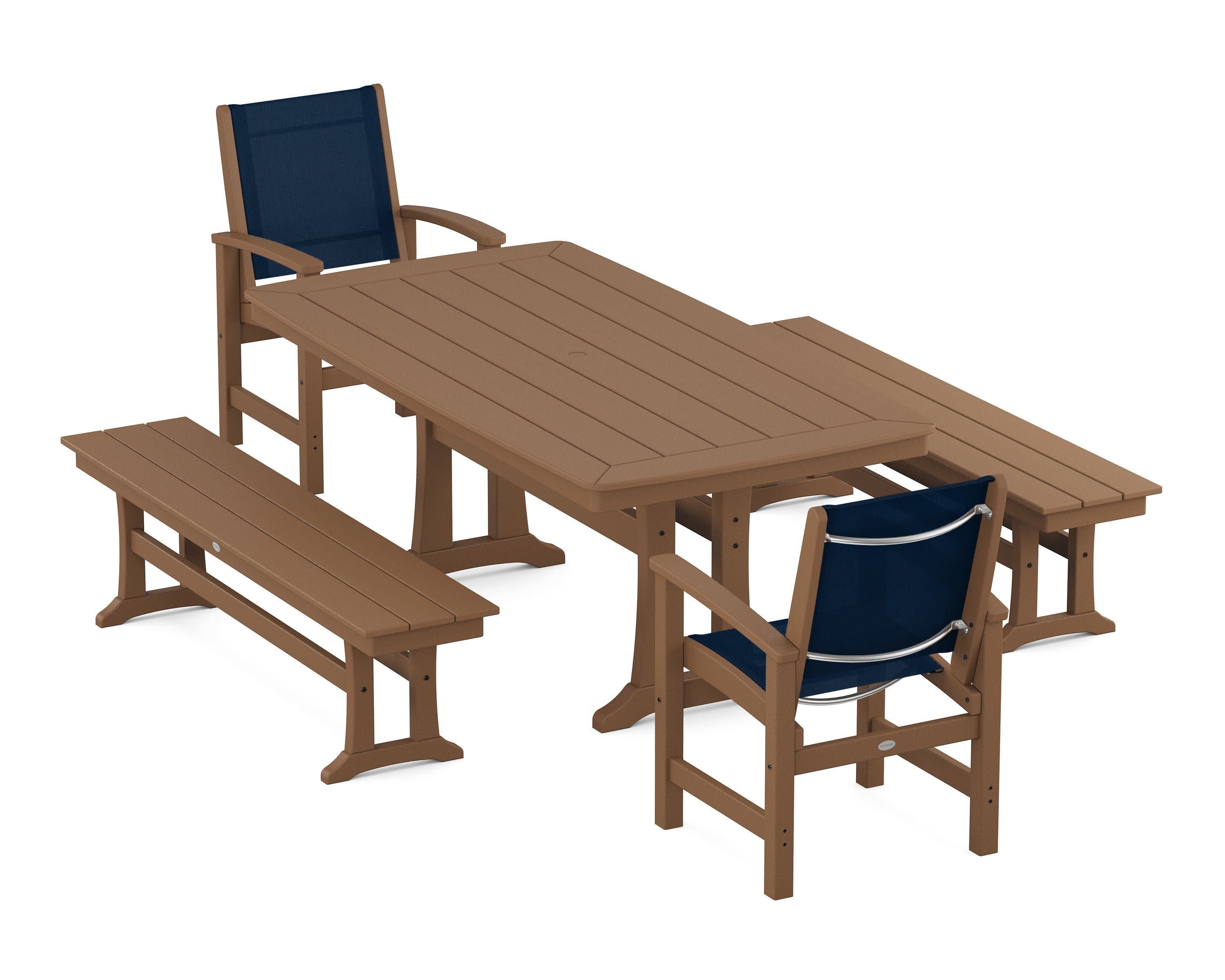 Coastal 5-Piece Dining Set with Trestle Legs and Benches in Teak / Navy Blue Sling