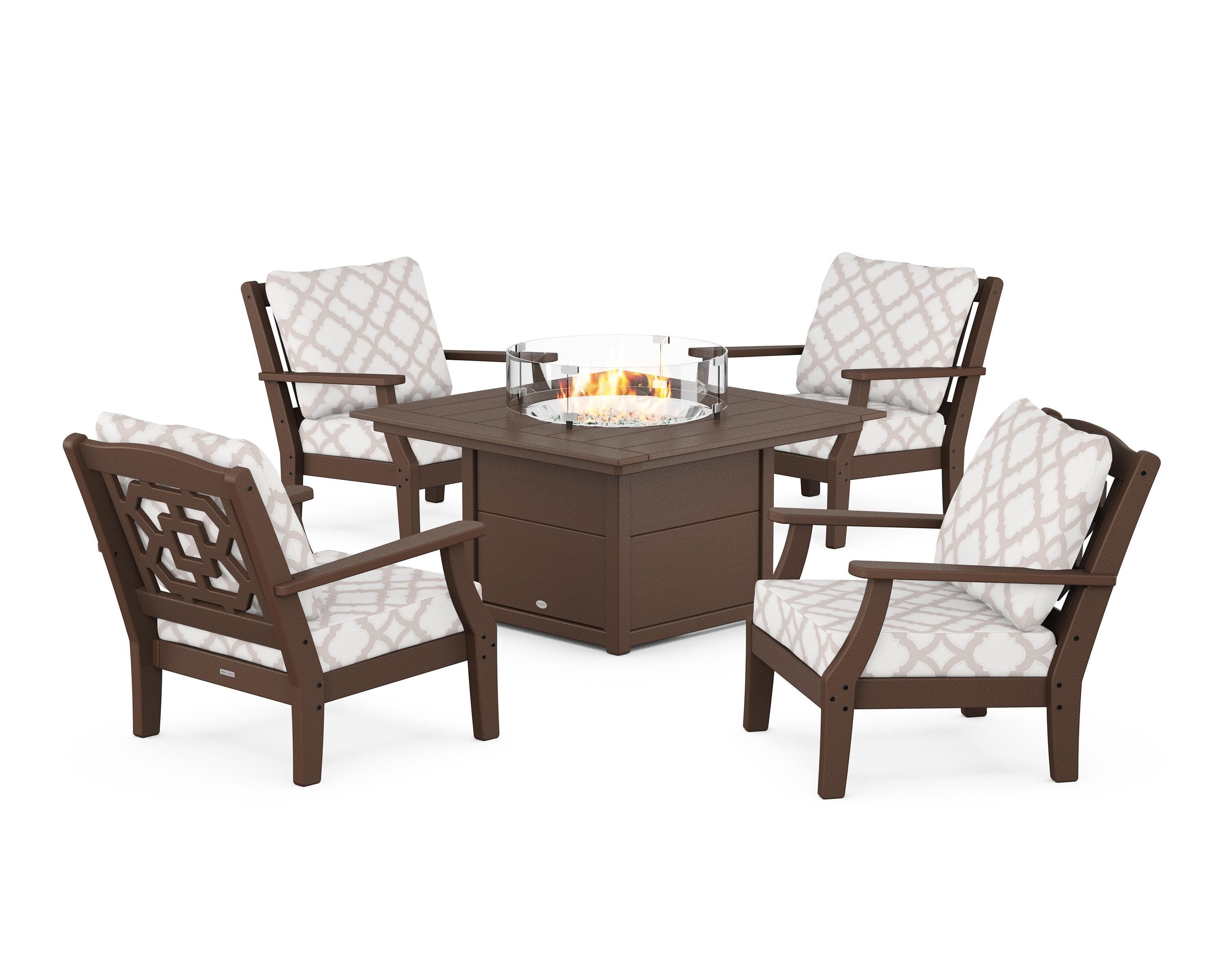 Chinoiserie 5-Piece Deep Seating Set with Fire Pit Table in Mahogany / Trellis Dune Burlap