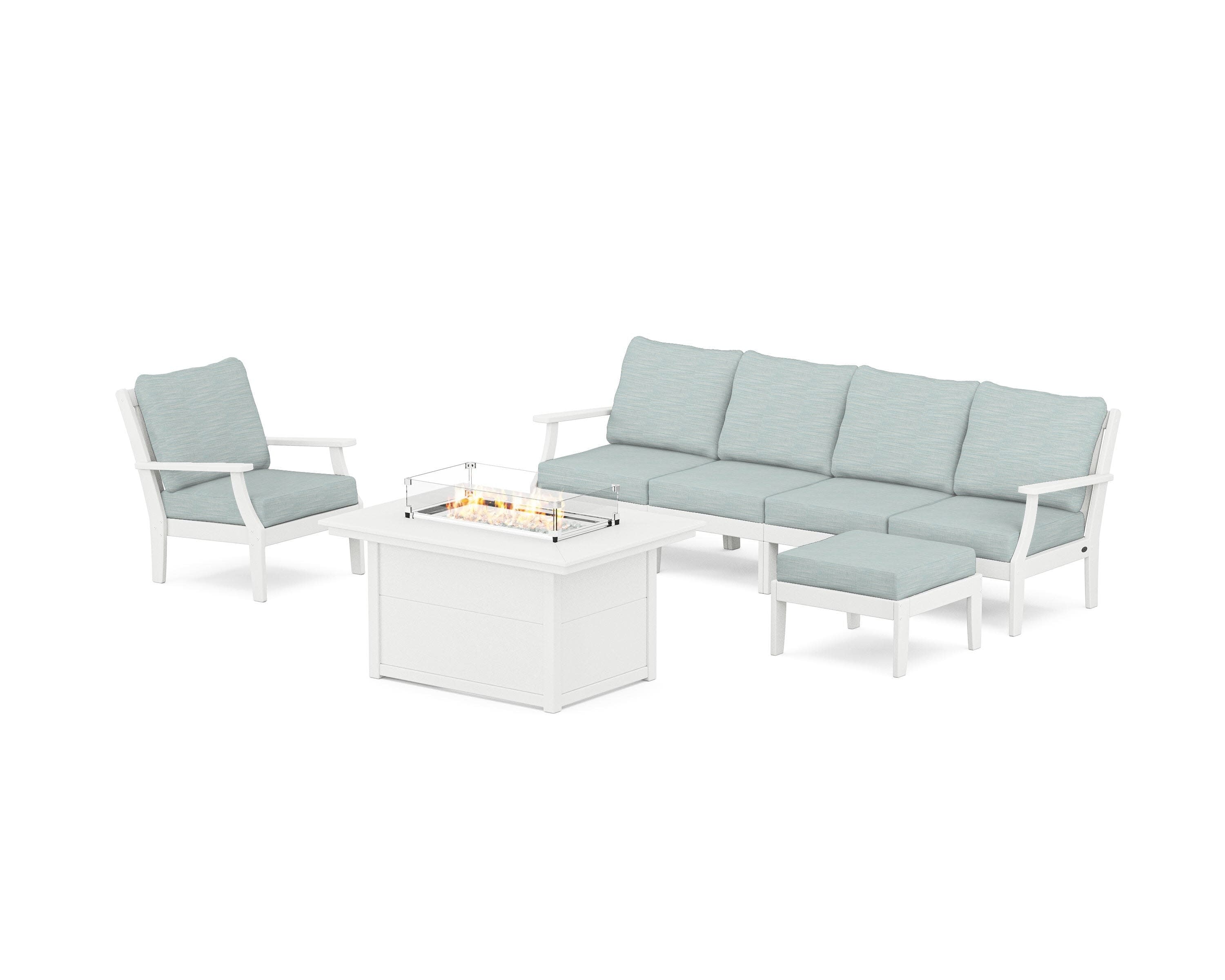 Braxton Sectional Lounge and Fire Pit Set in Vintage White / Soothe Mist