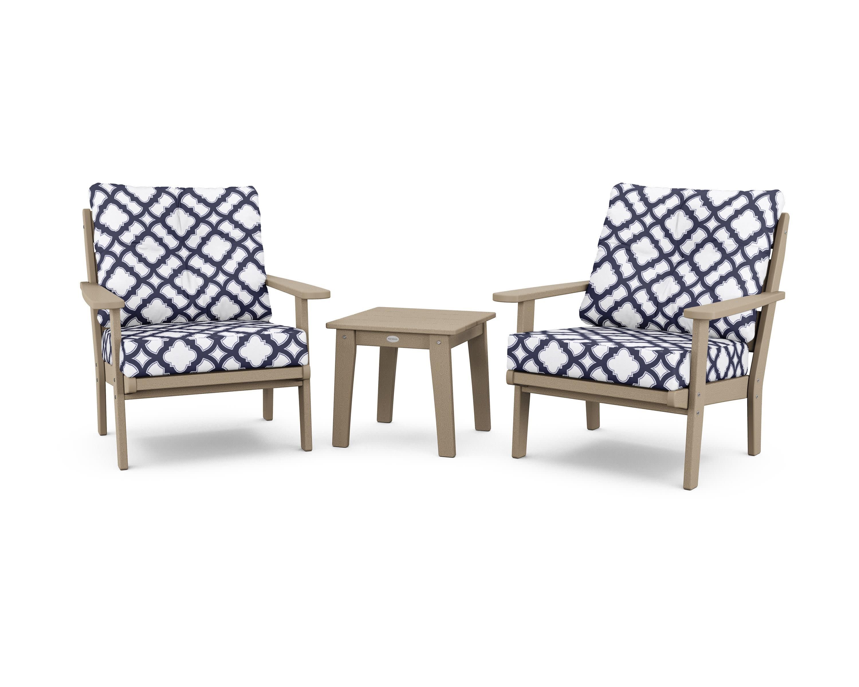 Lakeside 3-Piece Deep Seating Chair Set in Vintage Sahara / Trellis Navy