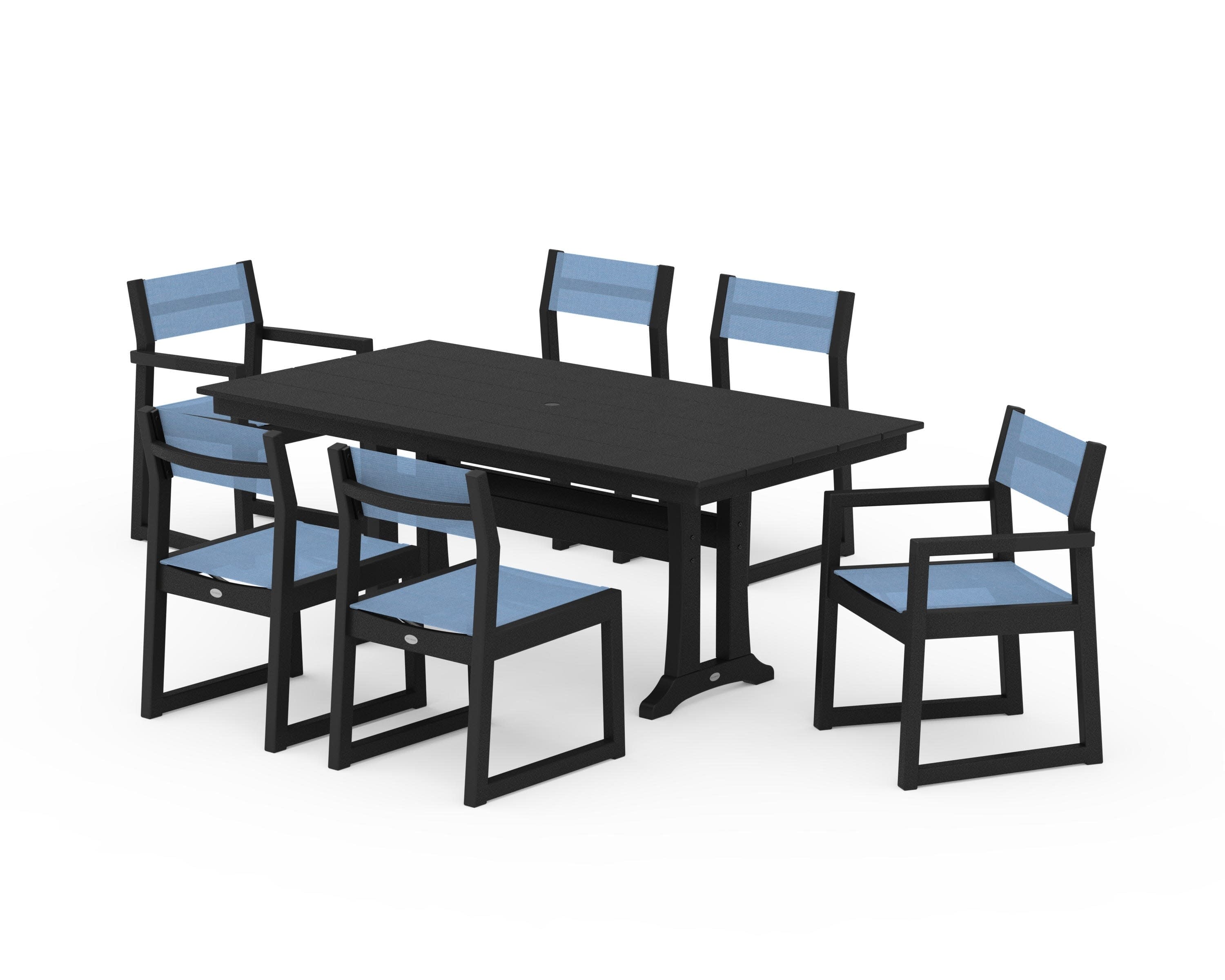 EDGE Sling 7-Piece Farmhouse Trestle Dining Set in Black / Poolside Sling
