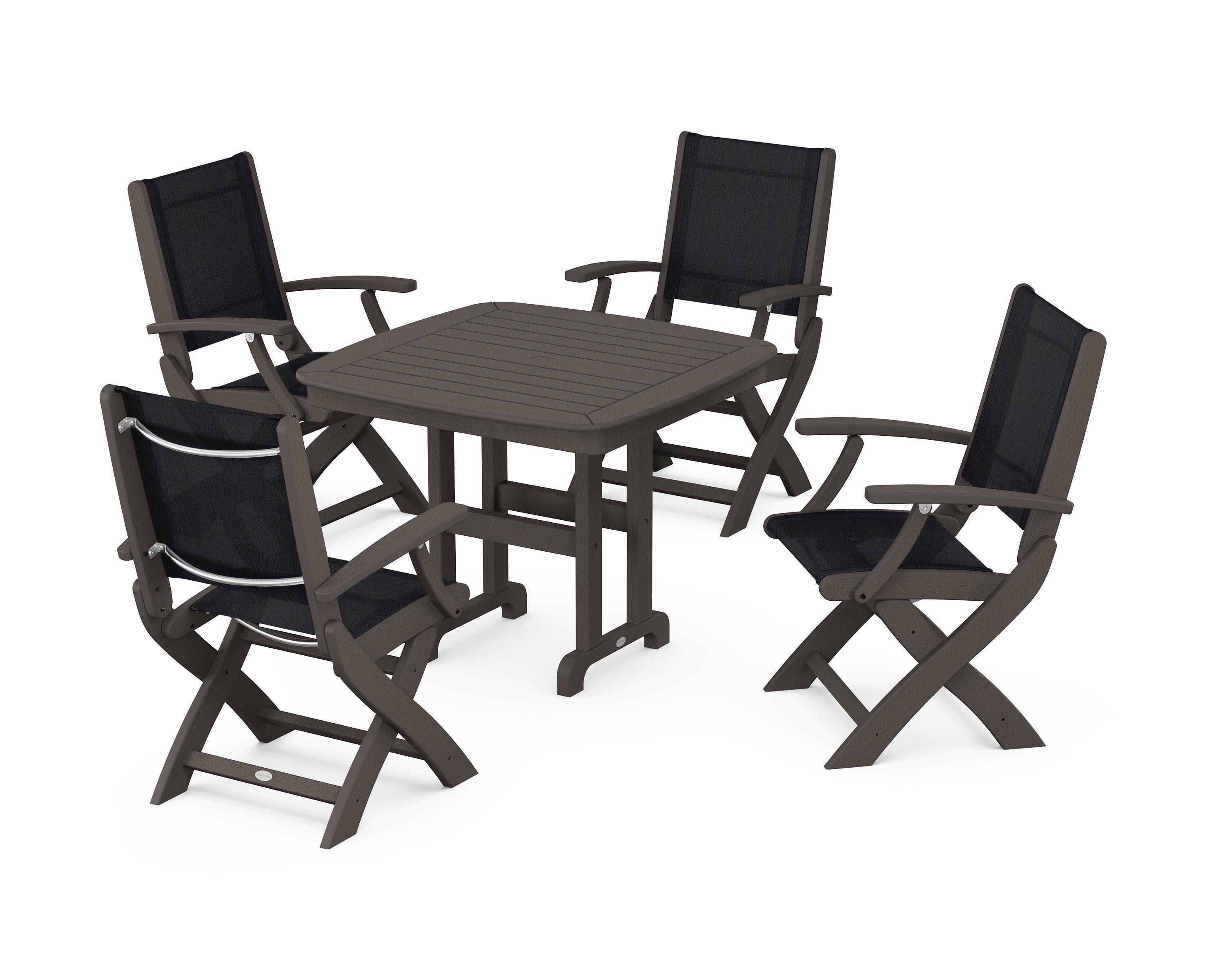 Coastal Folding Chair 5-Piece Dining Set in Vintage Coffee / Black Sling